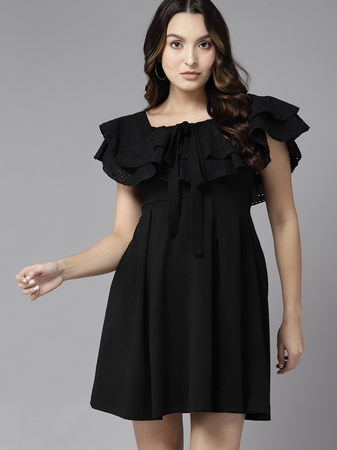 

The Roadster Lifestyle Co. Schiffli Tie-Up Neck A-Line Dress, Black