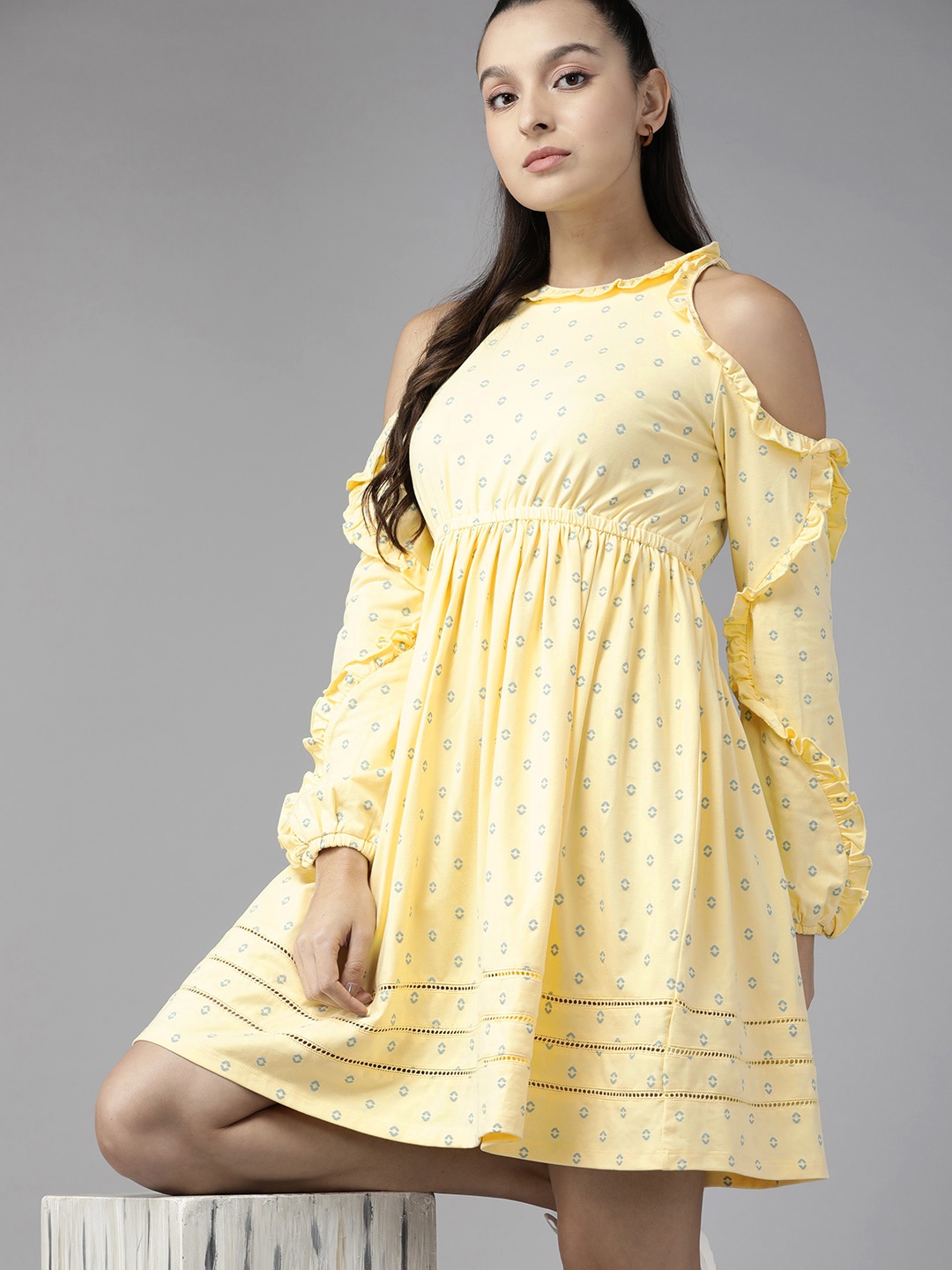 

The Roadster Lifestyle Co. Cold Shoulder Ruffled A-Line Dress, Yellow