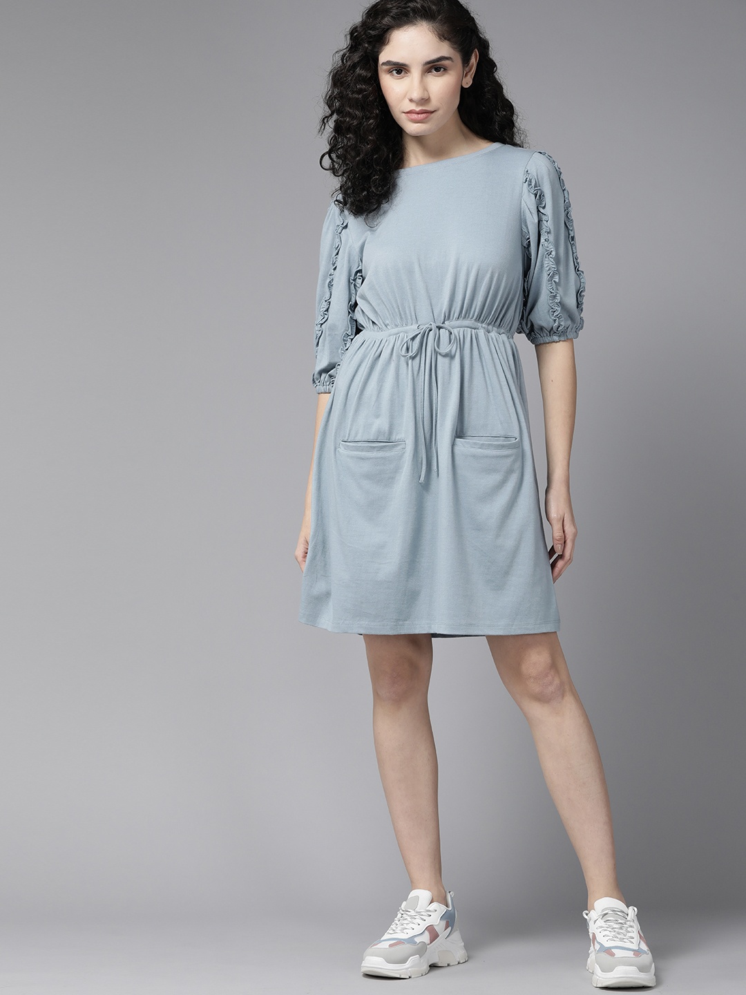 

Roadster Blue Solid Ruffle & Tie-Up Detail A-Line Dress