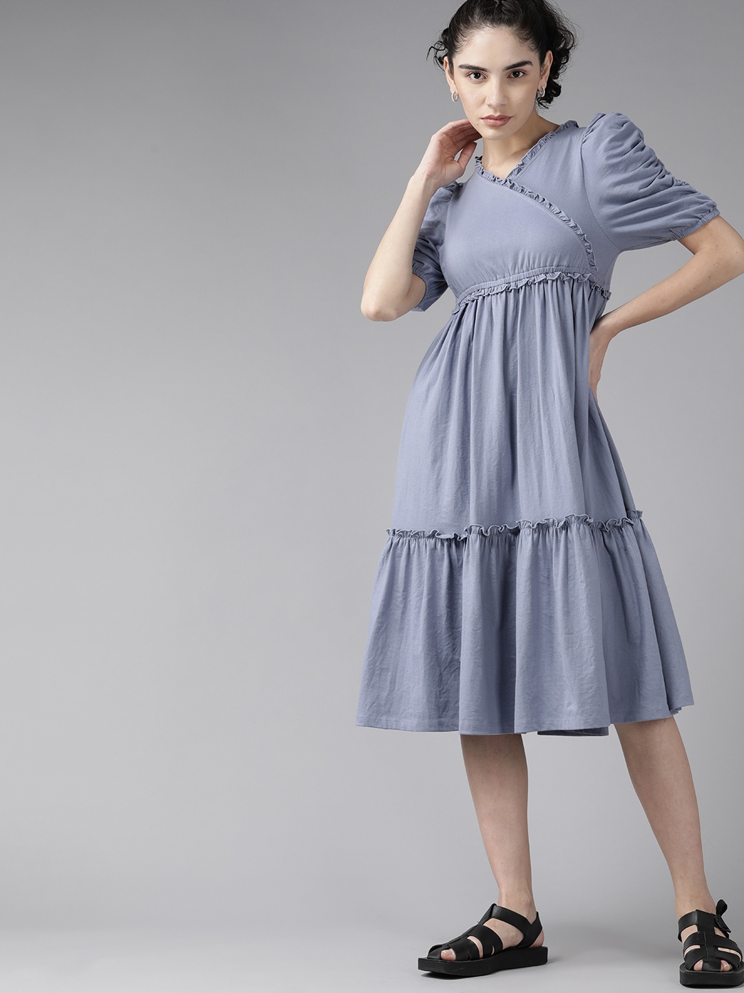 

Roadster Blue Solid Tiered Ruffled Wrap Dress