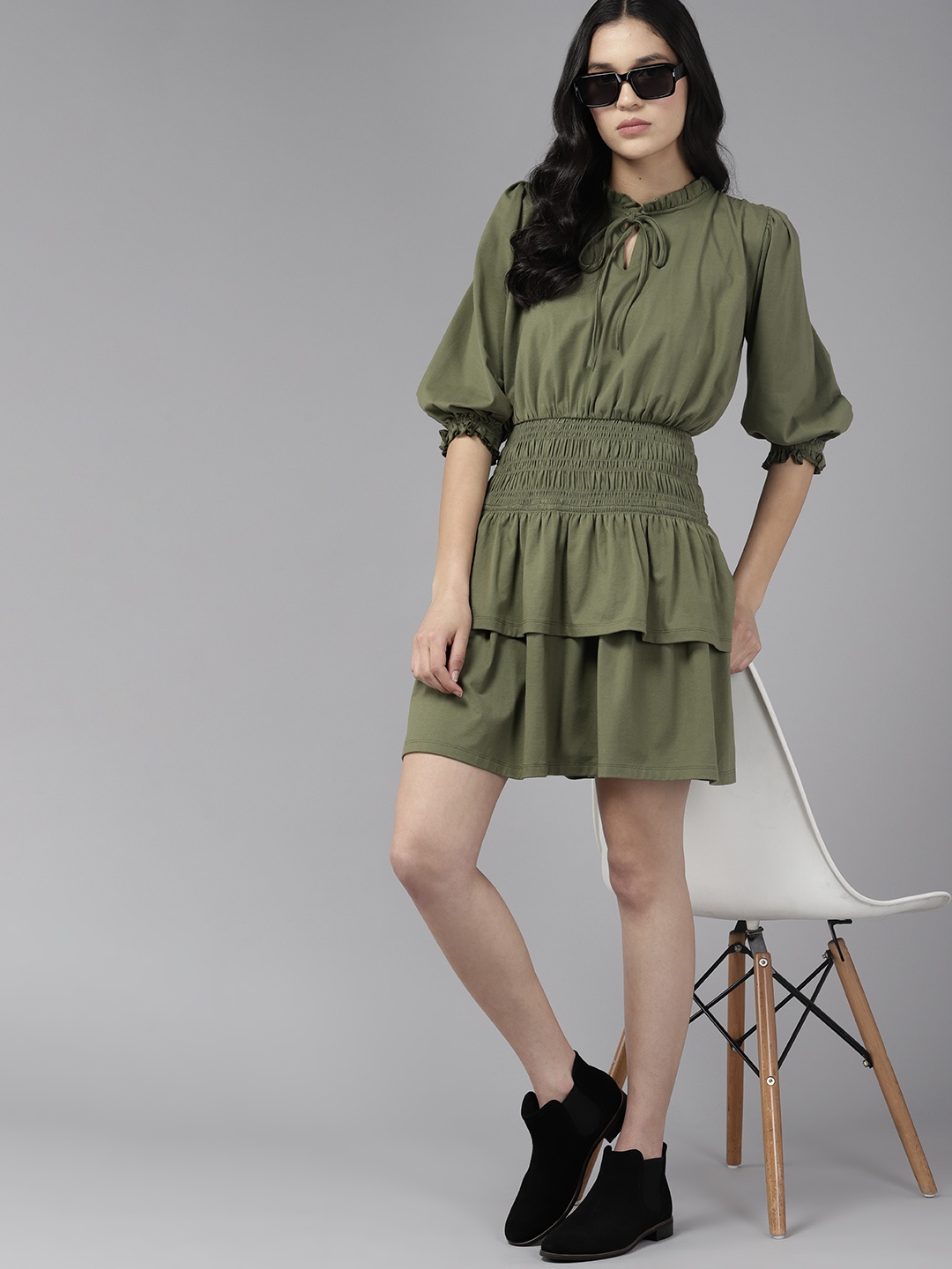 

The Roadster Lifestyle Co. Tie-Up Neck Smocked Detail Fit & Flare Mini Dress, Olive