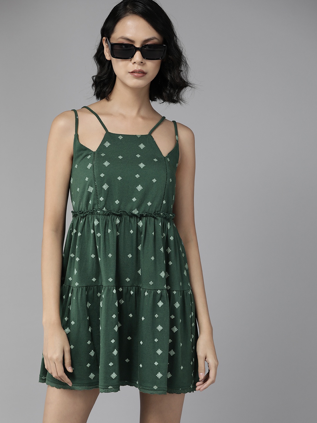 

Roadster Women Green & White Geometric Print Tiered A-Line Dress