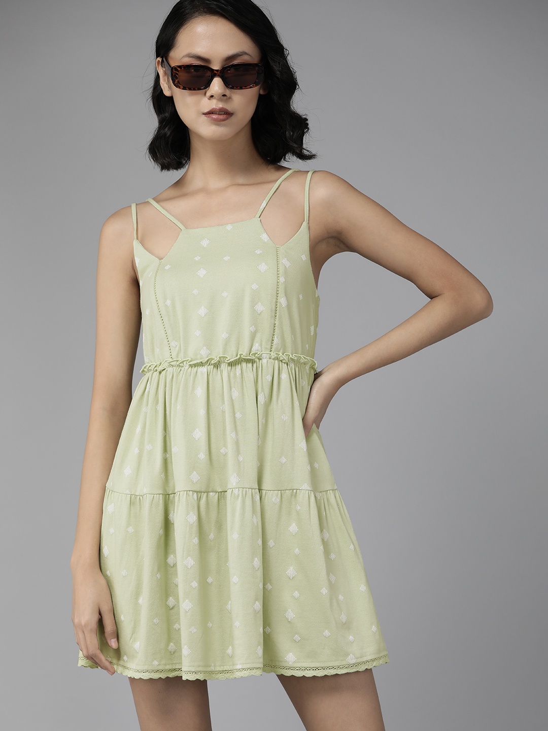 

Roadster Women Mint Green & White Geometric Print Tiered A-Line Dress