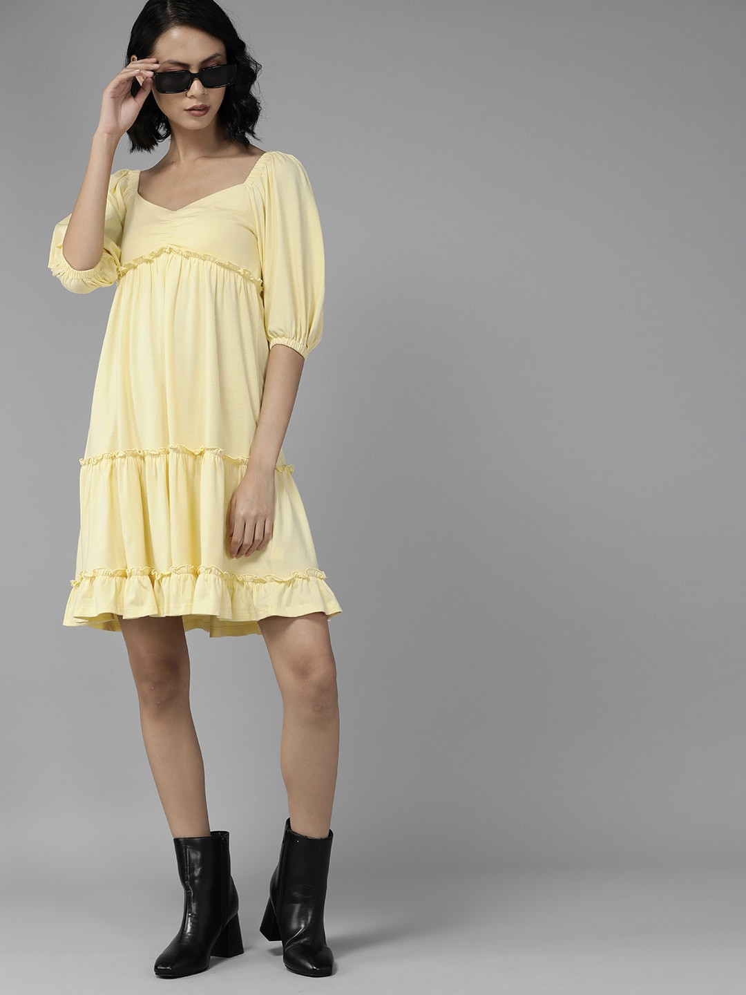 

The Roadster Lifestyle Co. Yellow Solid Tiered A-Line Dress