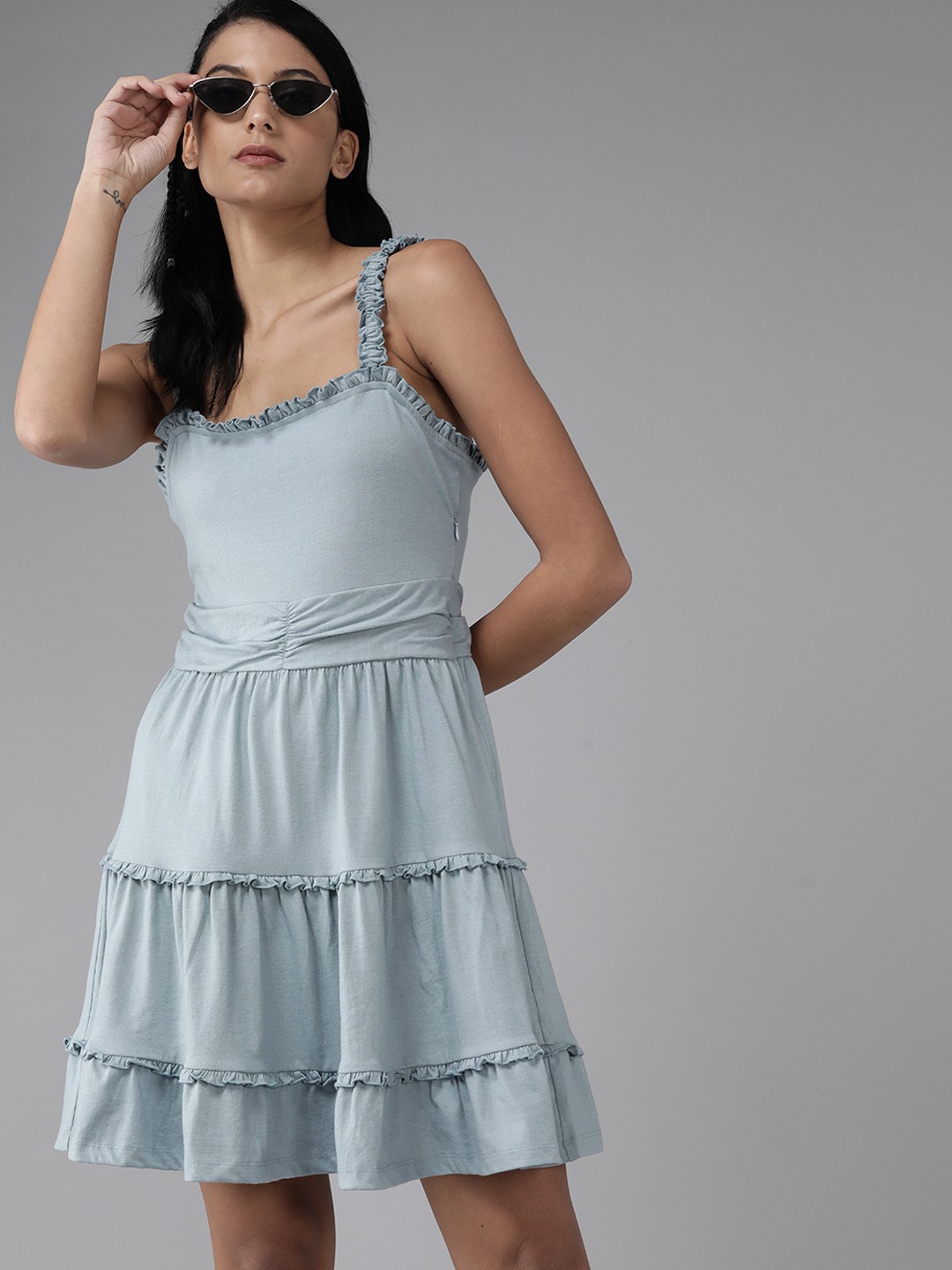 

The Roadster Lifestyle Co. Blue Solid Tiered Gathered Detail A-Line Dress