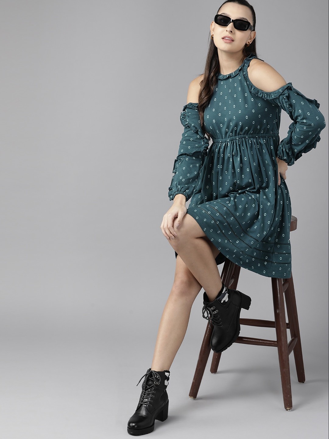 

The Roadster Lifestyle Co. Cold Shoulder Ruffled A-Line Dress, Teal