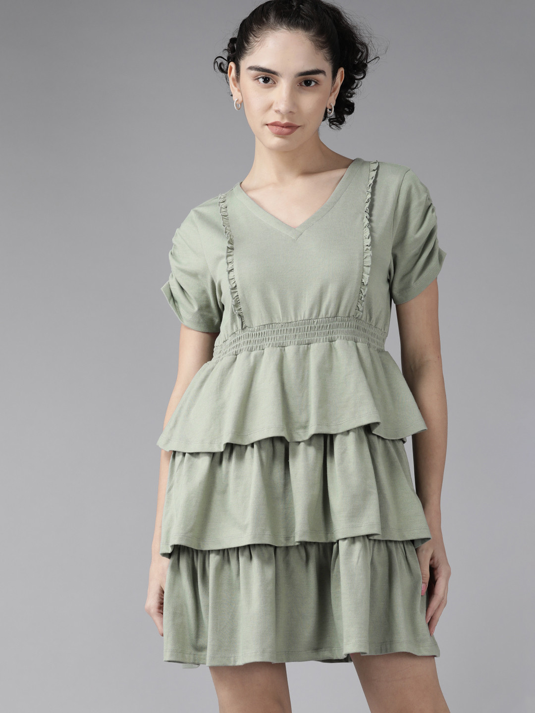 

Roadster Green Solid Layered Tiered A-Line Dress