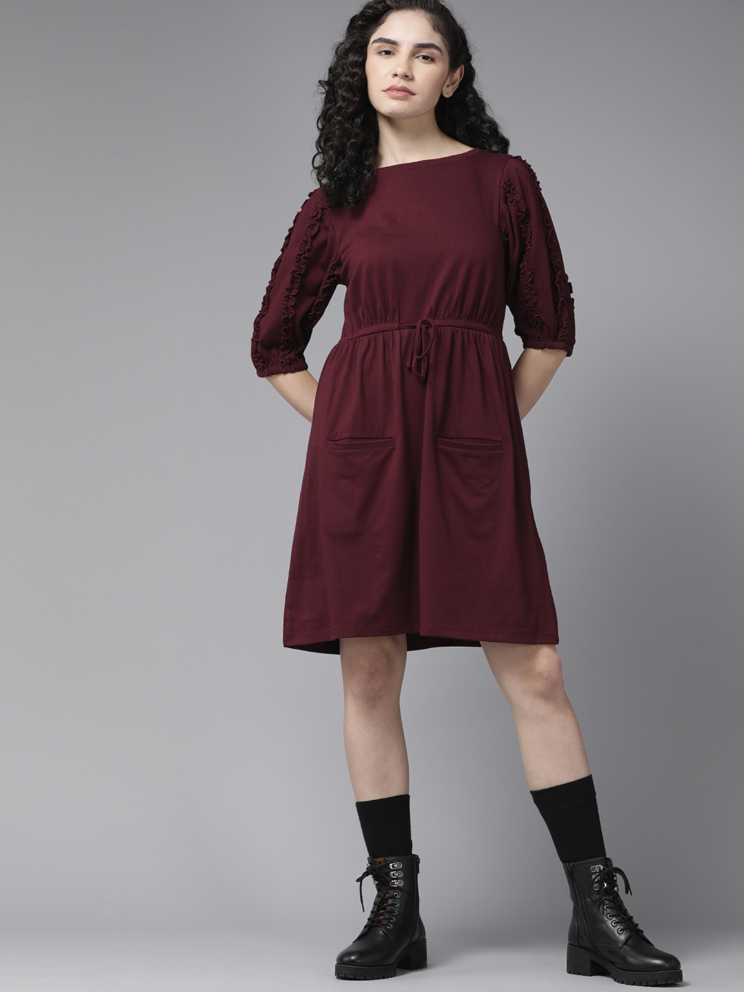 

Roadster Maroon Solid Ruffle & Tie-Up Detail A-Line Dress