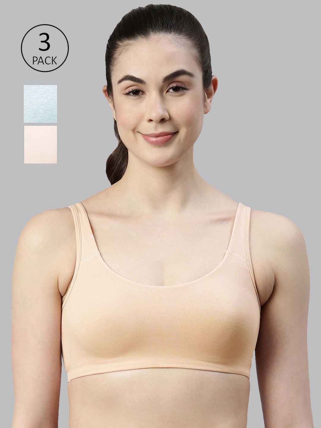 

Enamor Women Pack Of 3 Non-Padded Wirefree & High Coverage Low Impact Sports Bra SB06, Beige