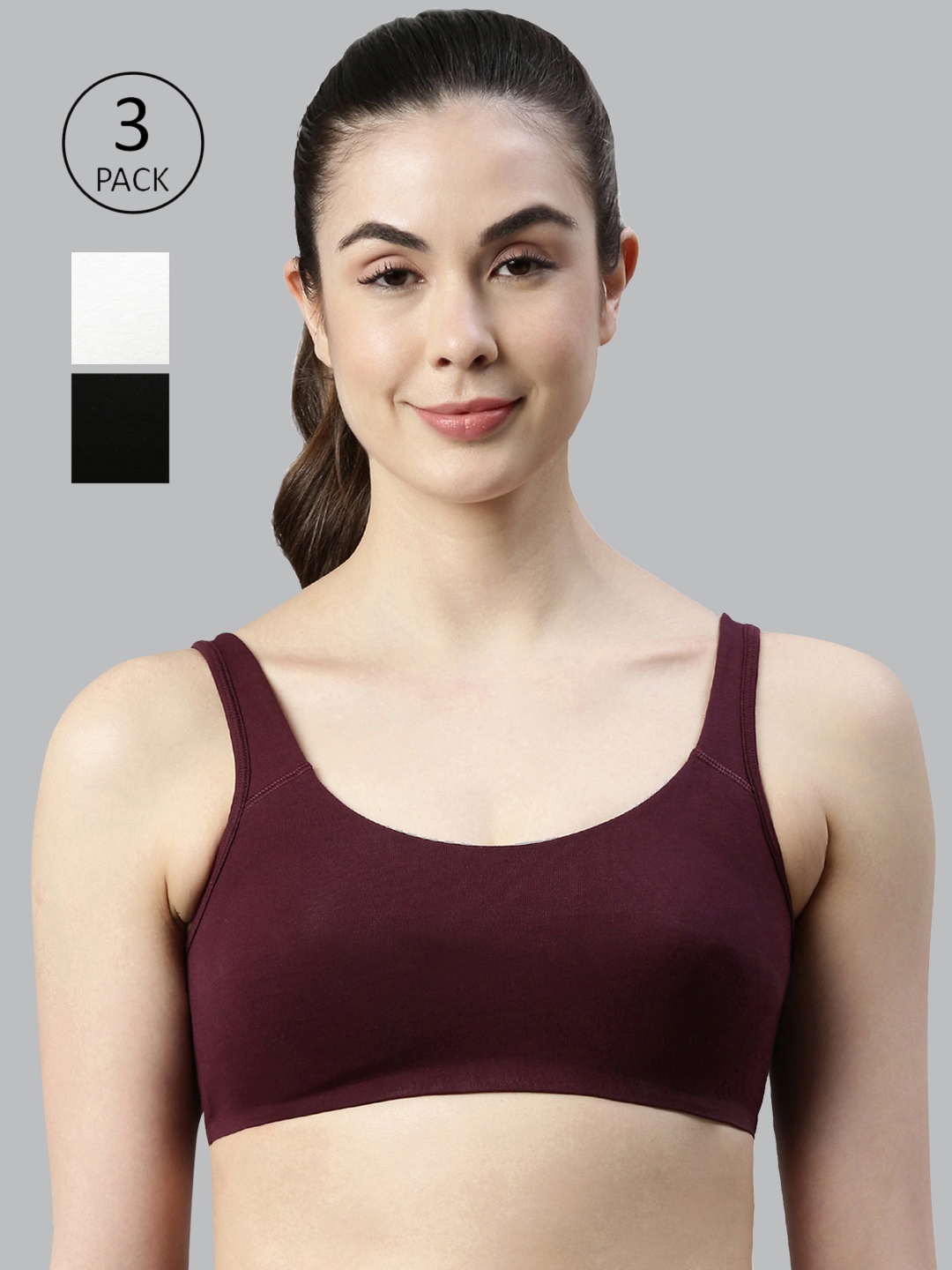 

Enamor Women Pack Of 3 Non-Wired Non Padded Full Coverage Low Impact Slip on Sports Bra SB06, White
