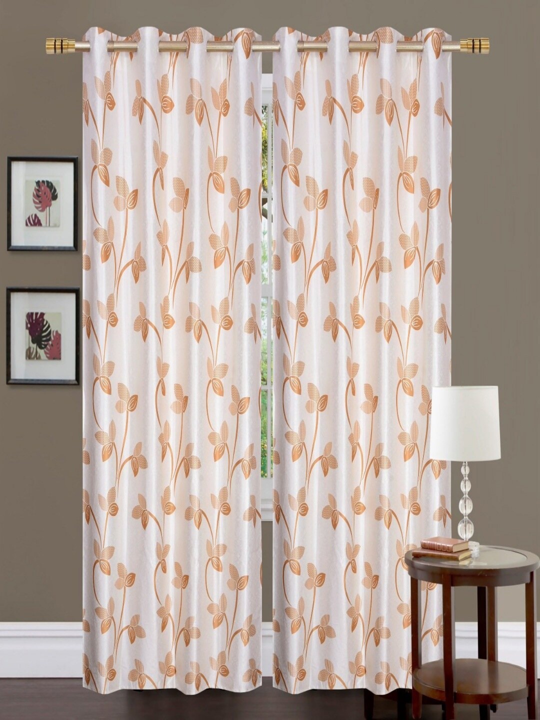 

Homefab India Gold-Toned & White Set of 2 Floral Window Curtain