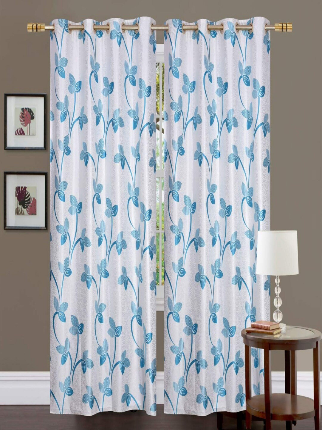 

Homefab India Blue & White Set of 2 Floral Door Curtain