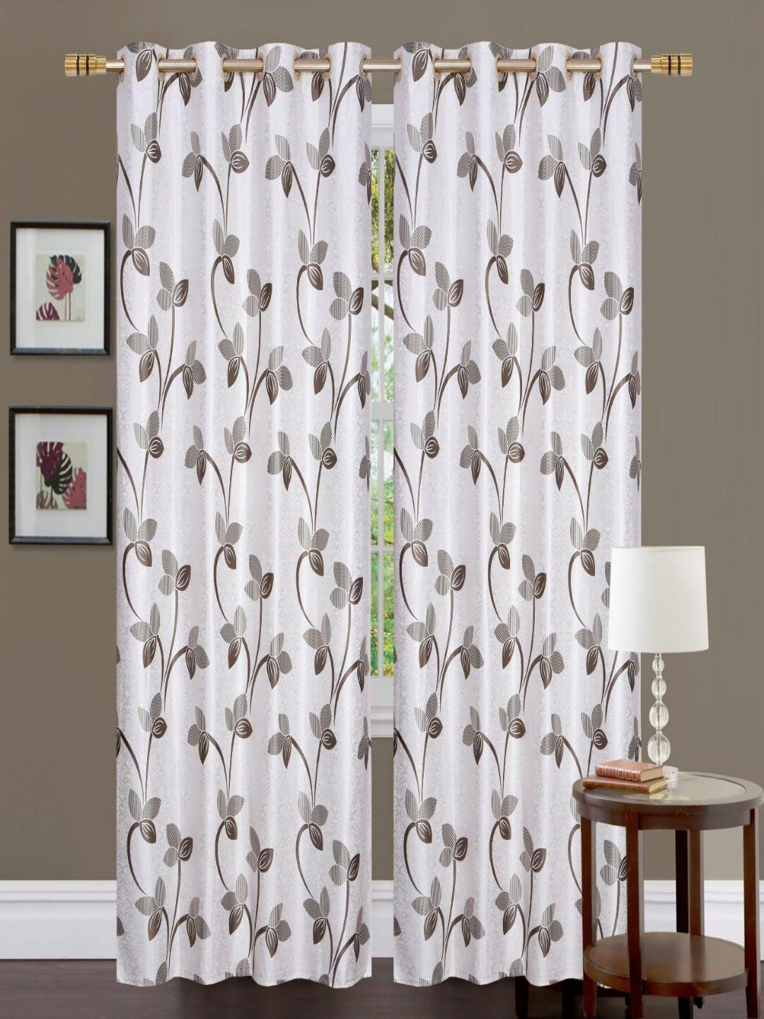 

Homefab India Brown & White Set of 2 Floral Long Door Curtain