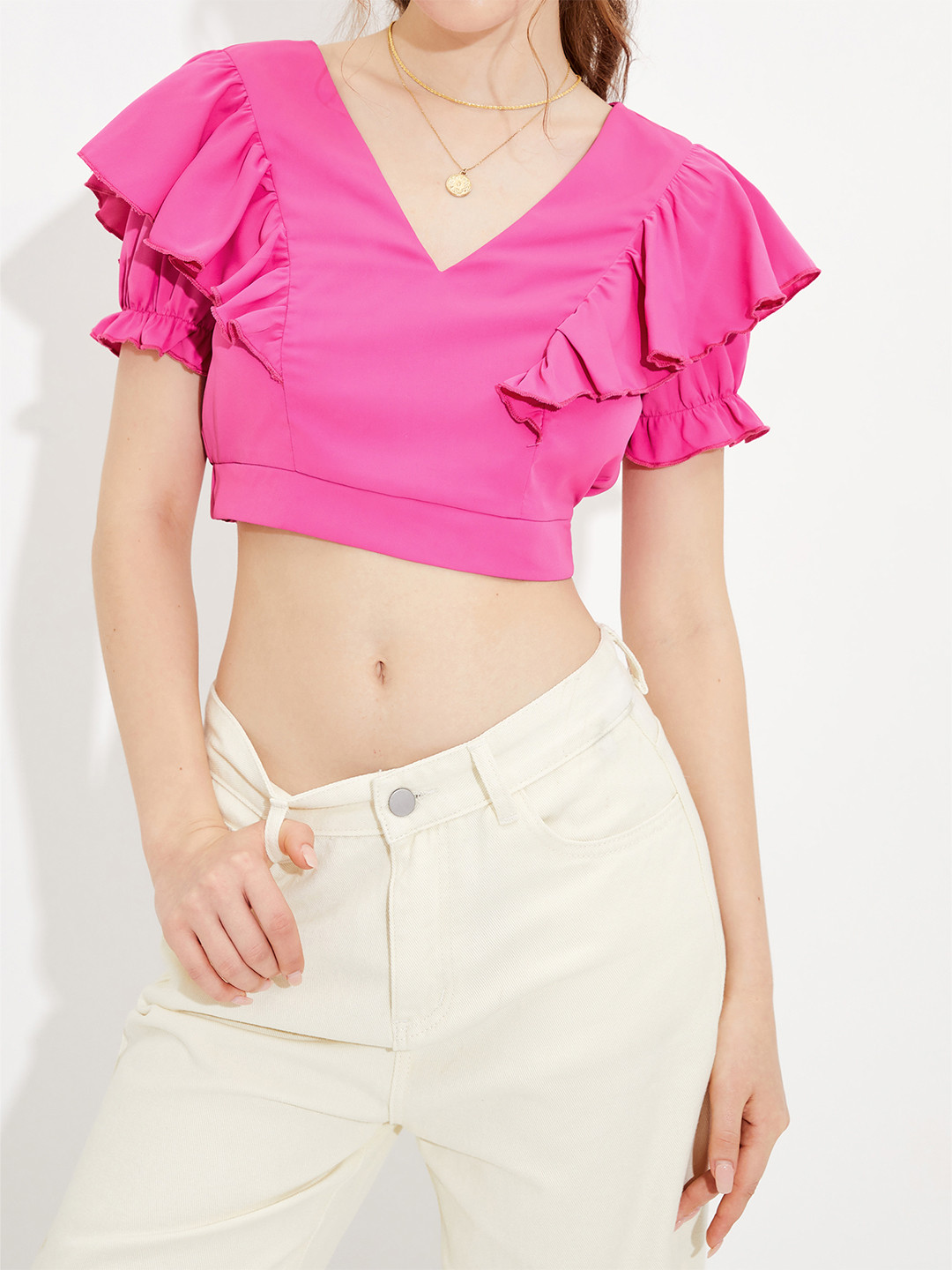 

URBANIC Women Rose red Solid Ruffled Crop Top