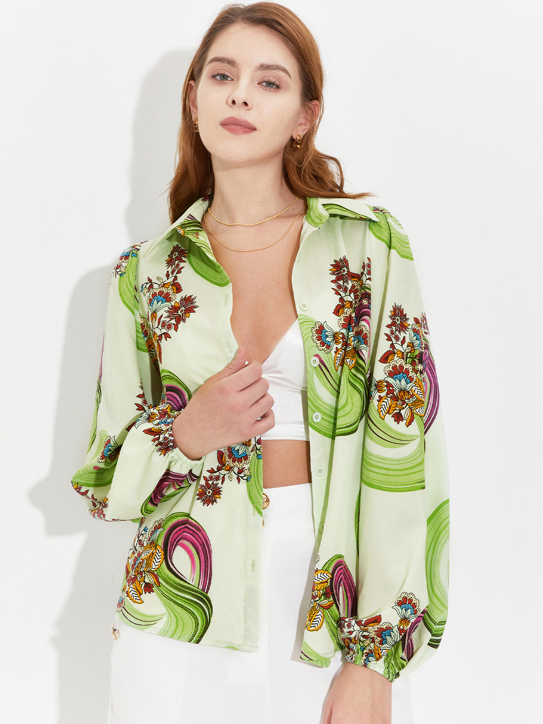 

URBANIC Green & Brown Floral Print Shirt Style Top