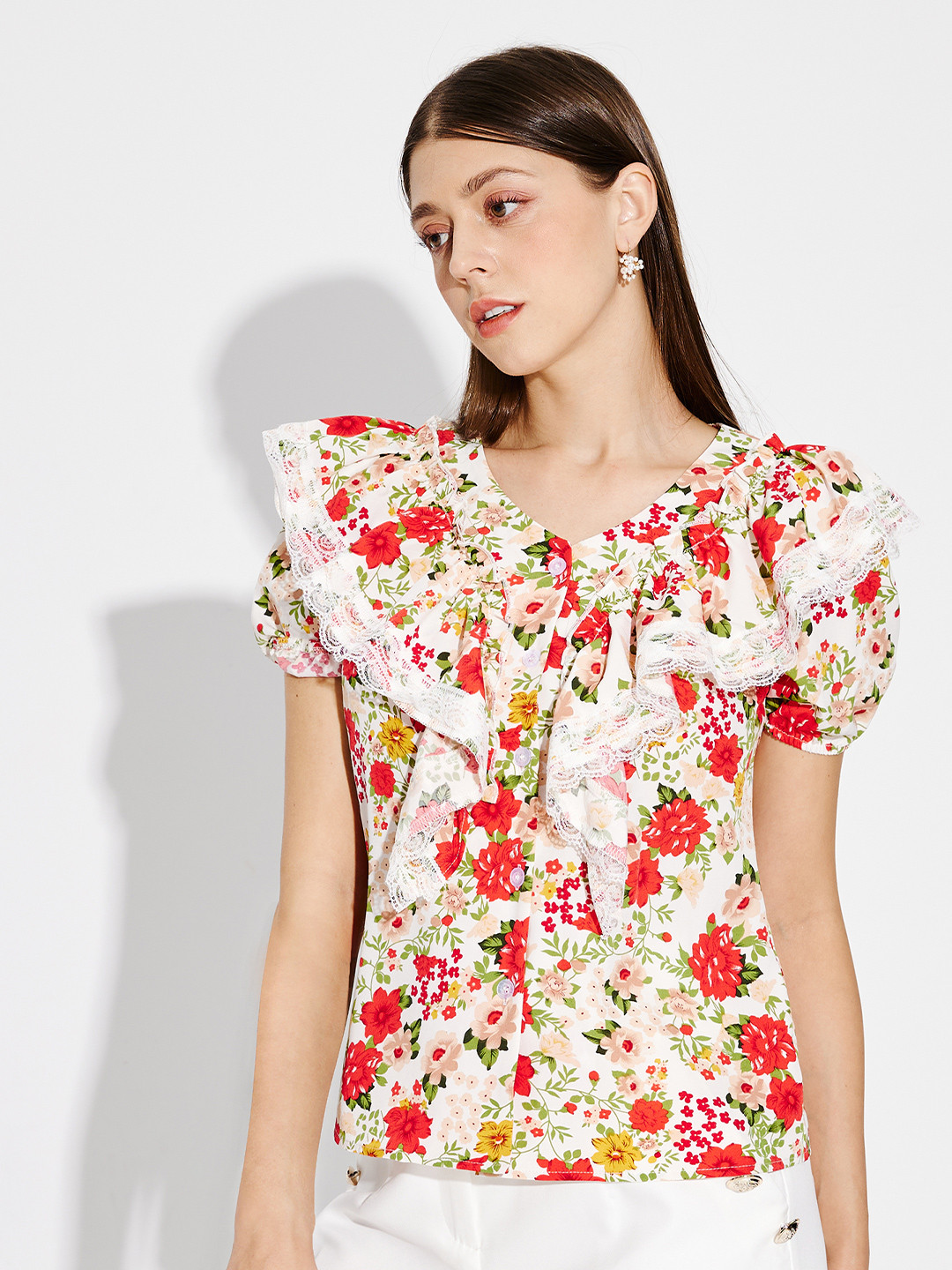 

URBANIC Red & White Floral Print Ruffles Top
