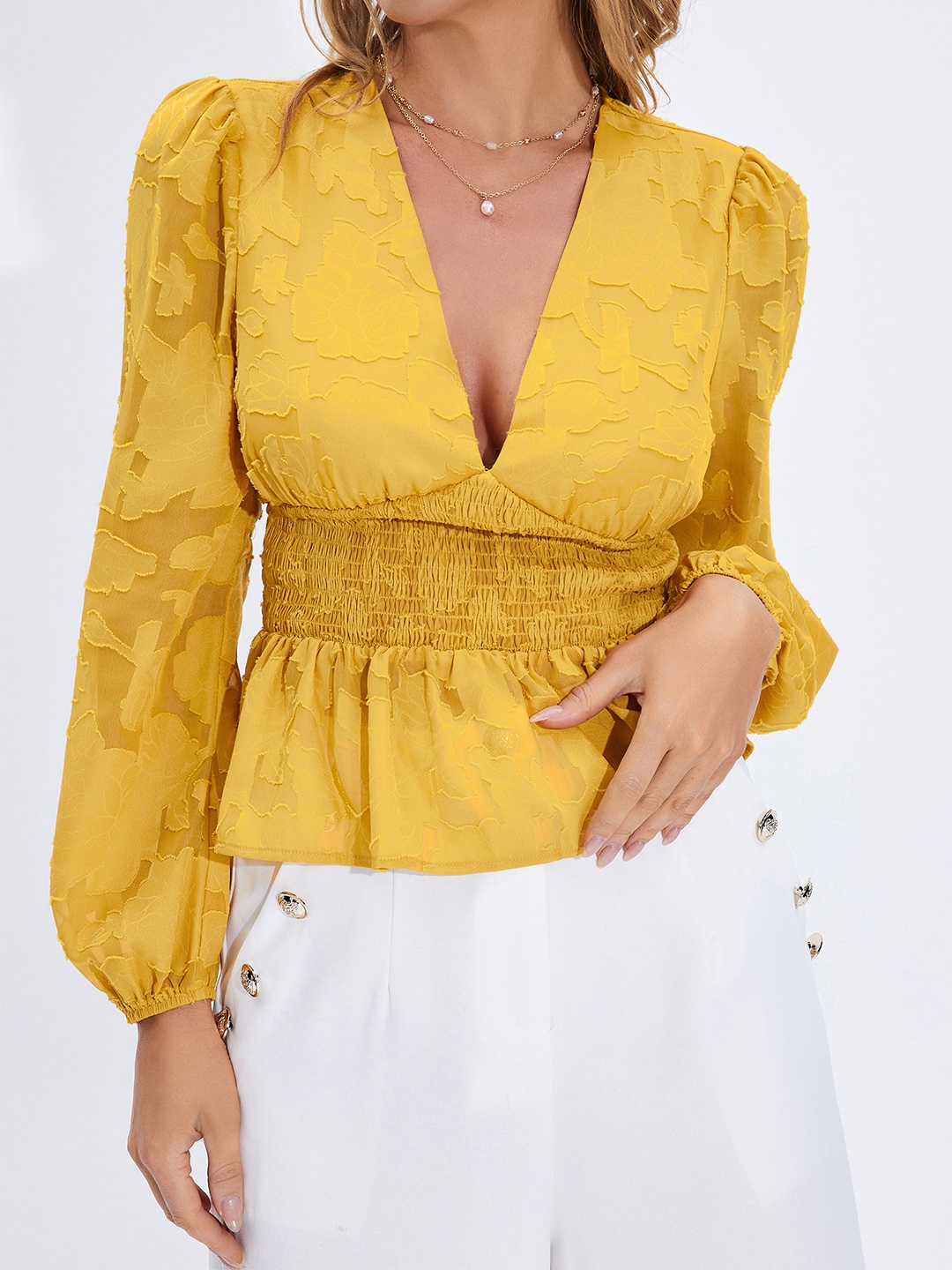 

URBANIC Women Yellow Cinched Waist Pullover Blouse Top