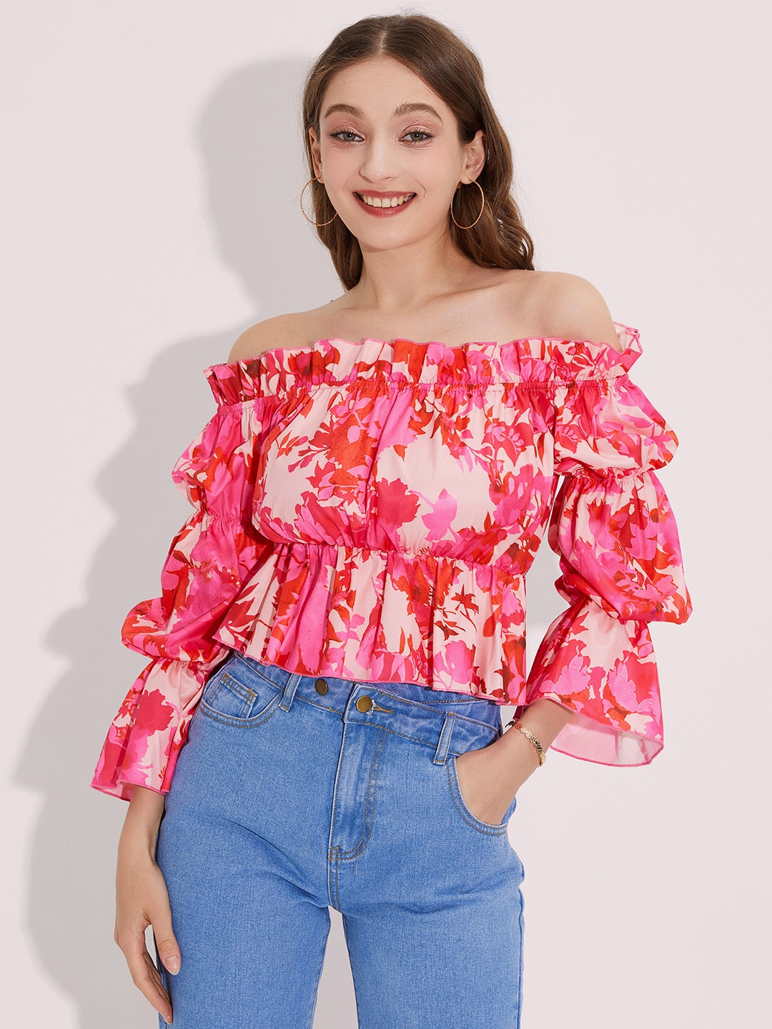 

URBANIC Women Rose & Red Floral Print Off-Shoulder Cinched Waist Crop Top