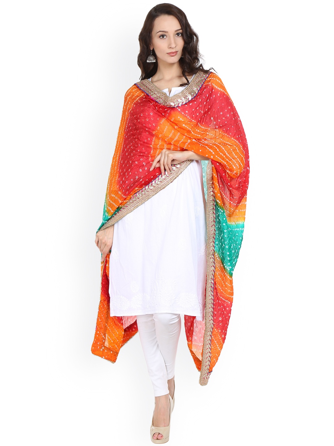 

Dupatta Bazaar Red & Orange Silk Bandhani Print Dupatta