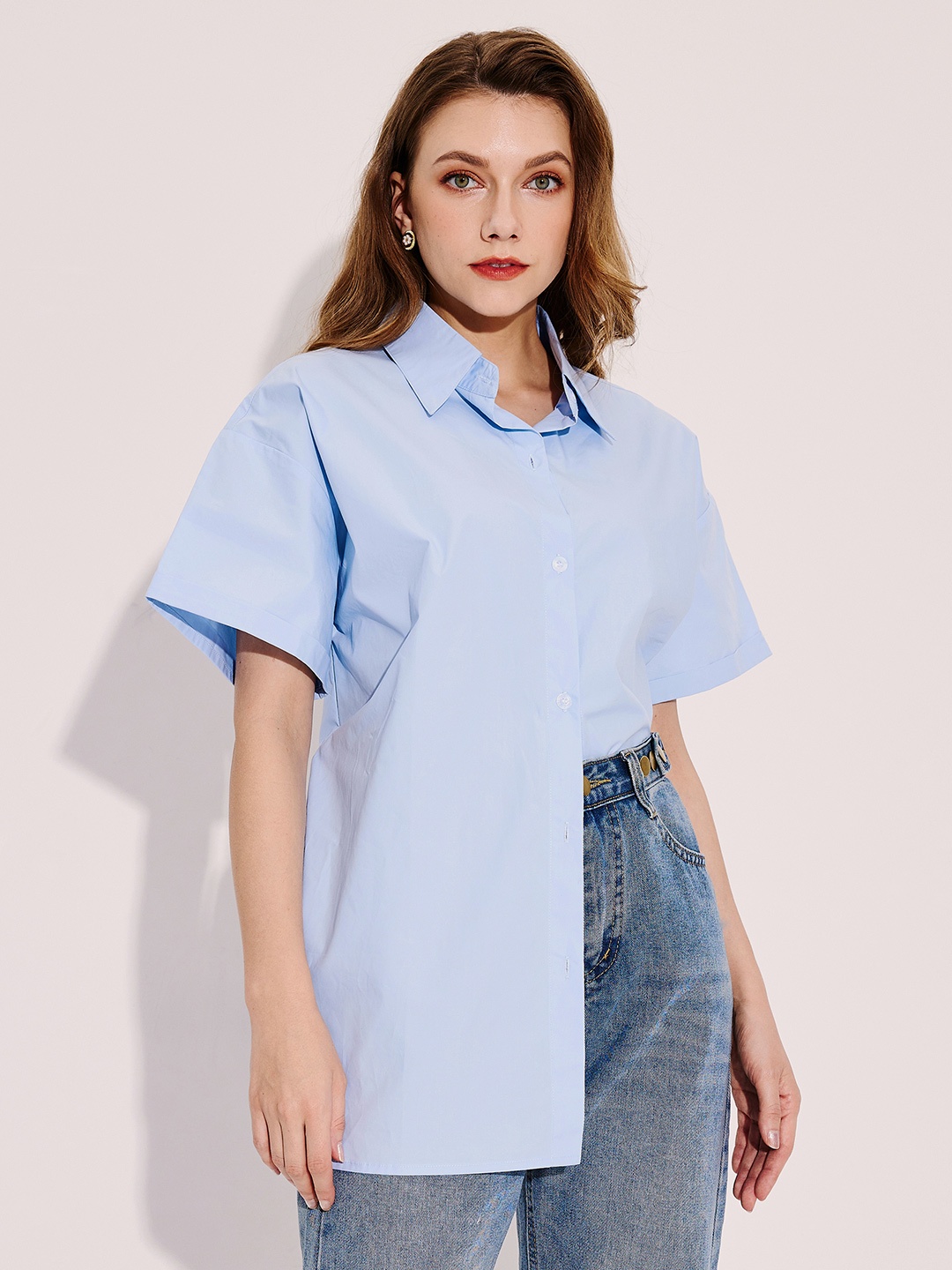 

URBANIC Women Blue Solid Cut Out Shirt Style Top