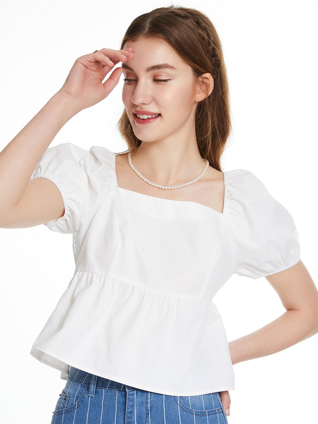 

URBANIC Women White Cinched Waist Crop Top