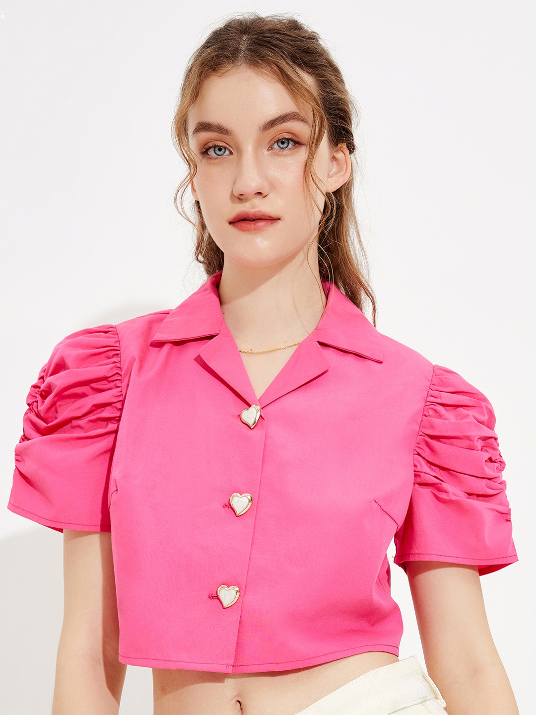 

URBANIC Women Pink Solid Ruched Placket Crop Top Blouse