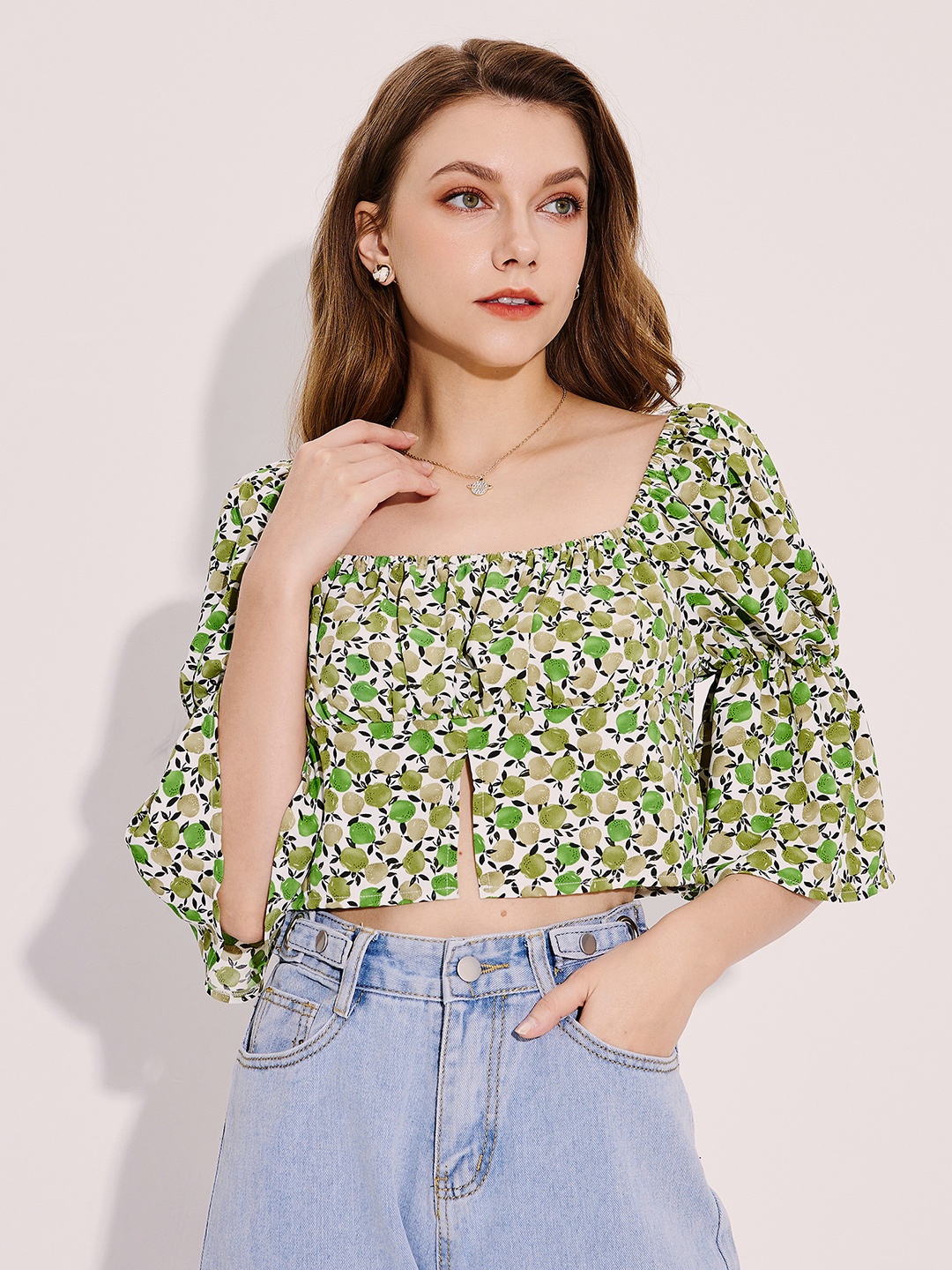 

URBANIC Green Floral Print Ruched Pullover Crop Top