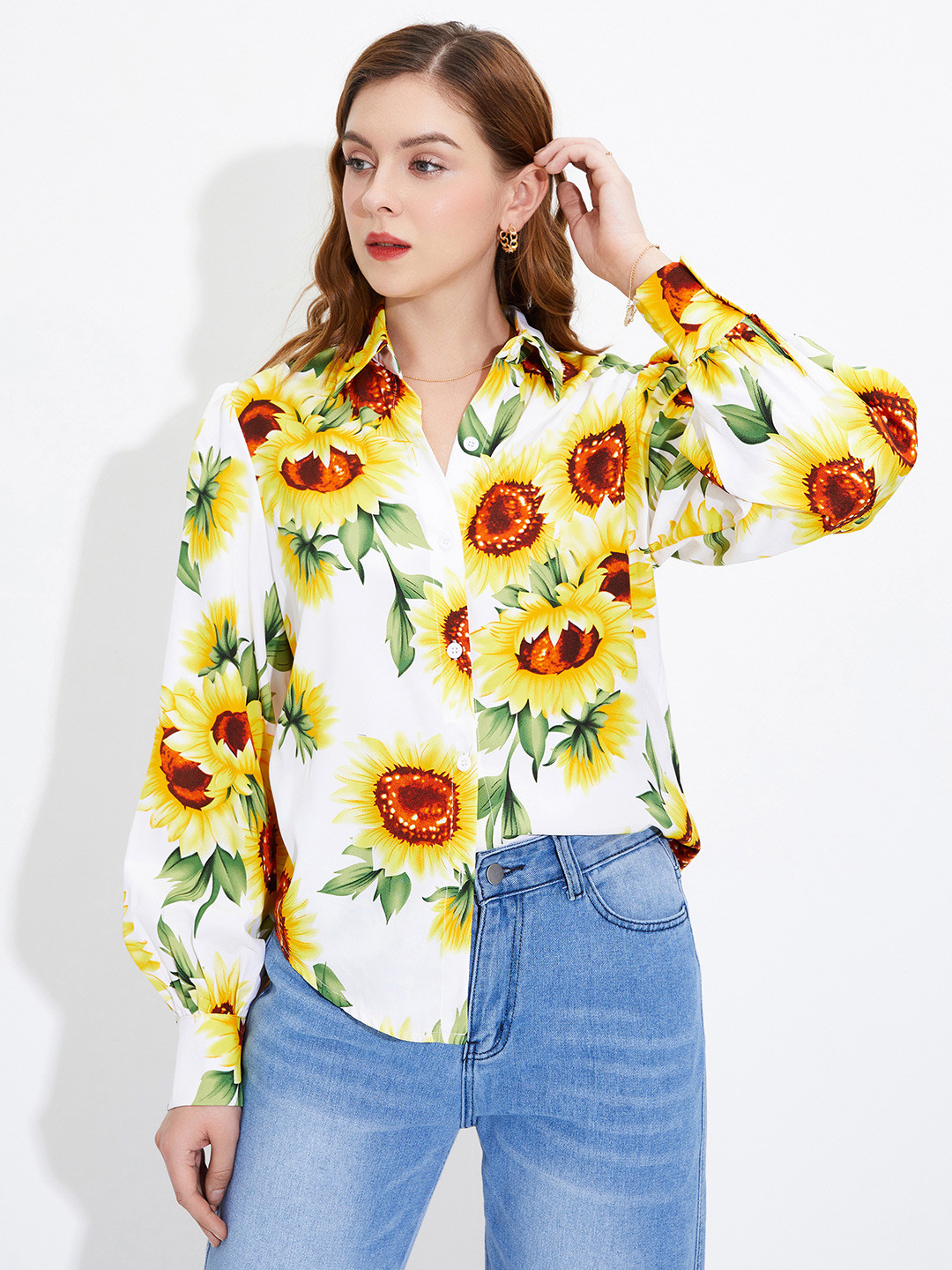 

URBANIC White & Red Floral Print Shirt Style Top