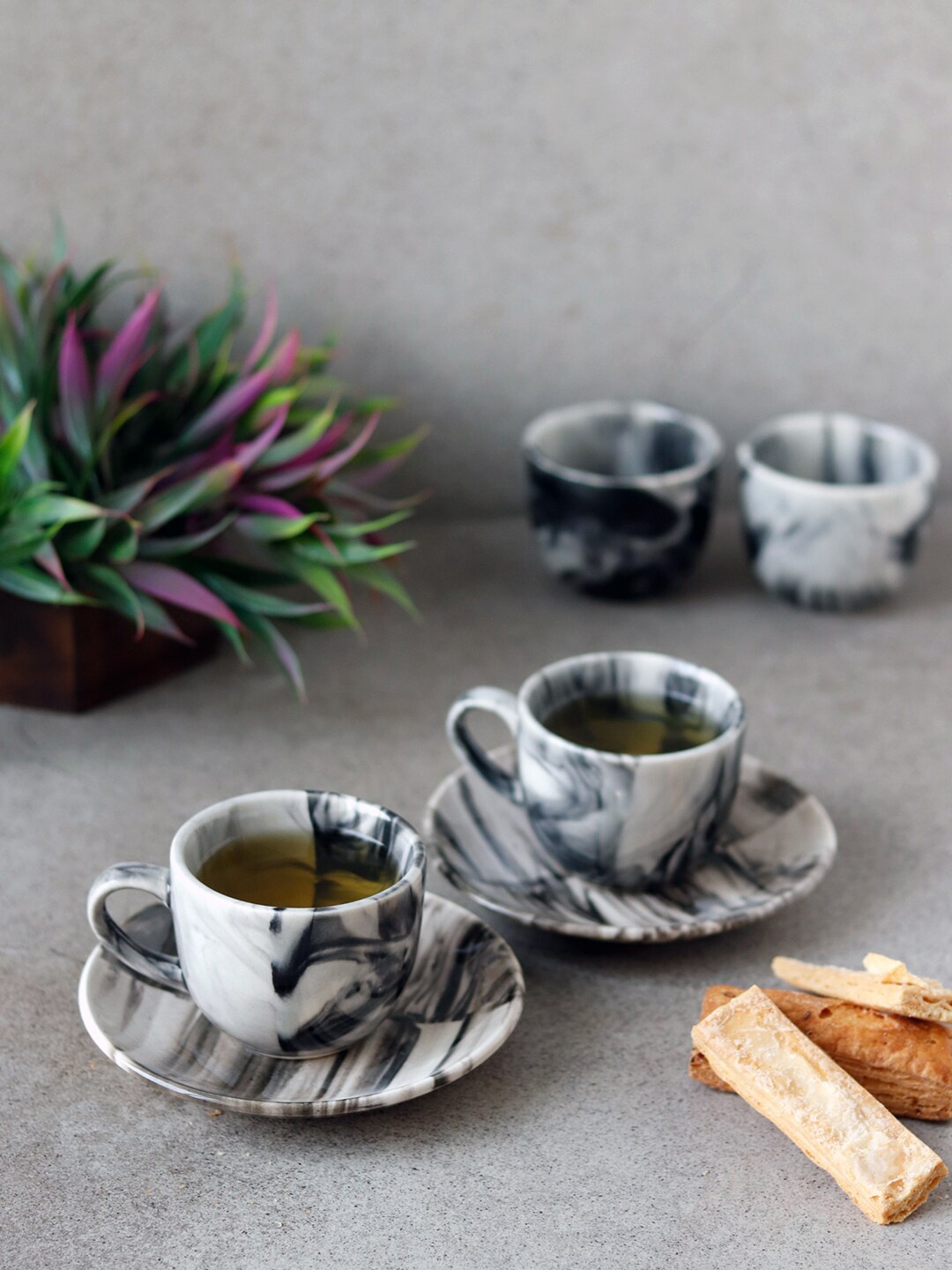 Unravel India Black & White Printed Set of 6 Ceramic Matte Cups and Saucers Set