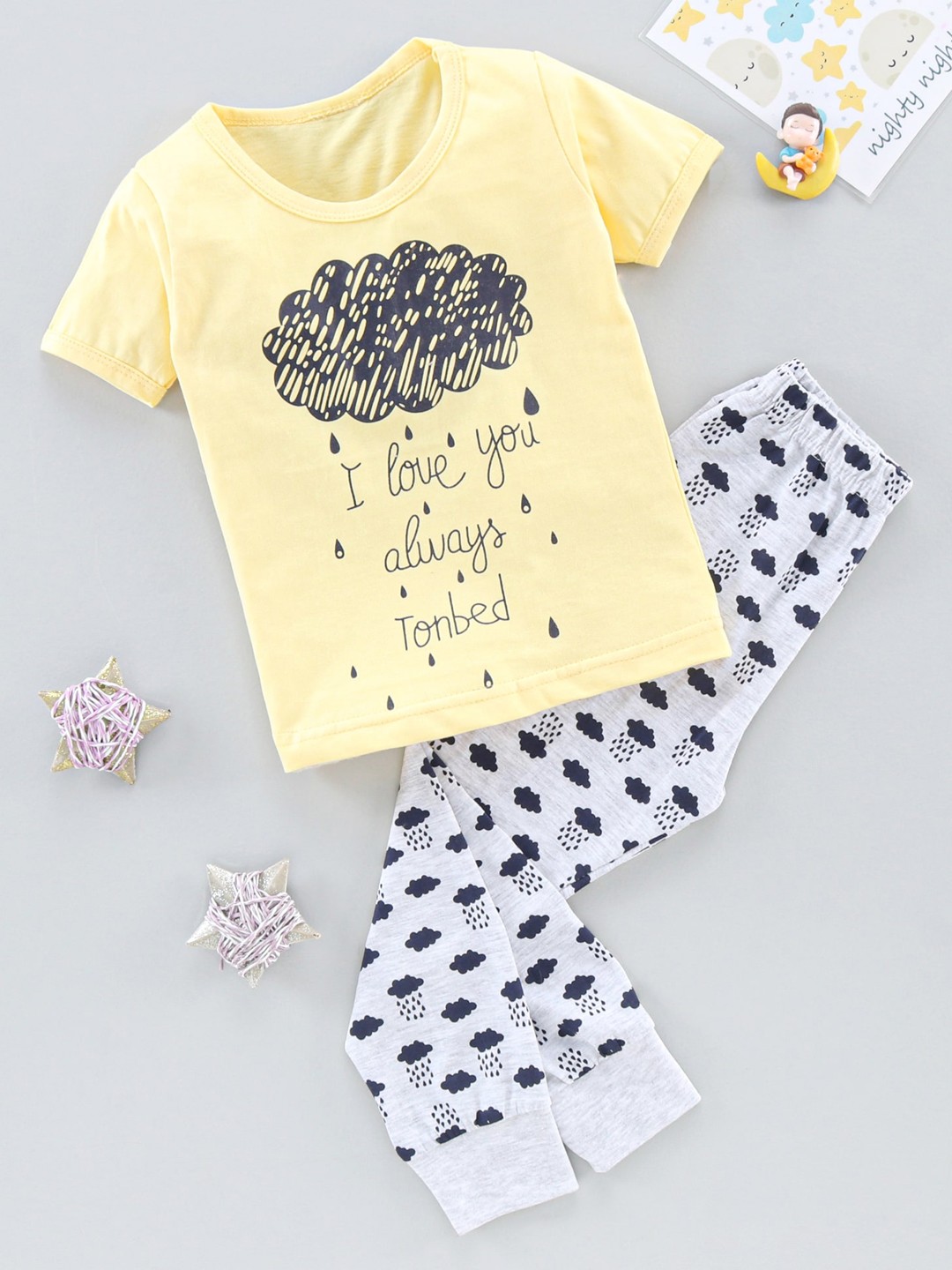

The Boo Club Unisex Kids Yellow & Grey Printed T-shirt with Pyjamas