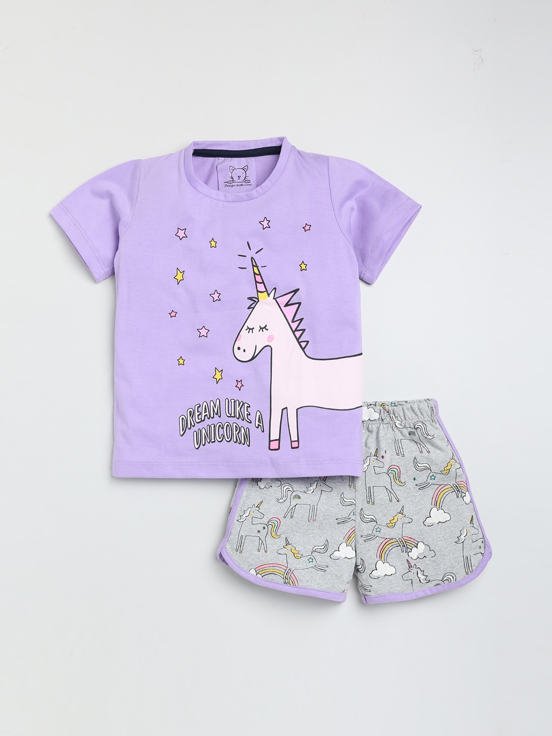 

Lazy Shark Girls Purple & Grey Printed T-shirt with Shorts