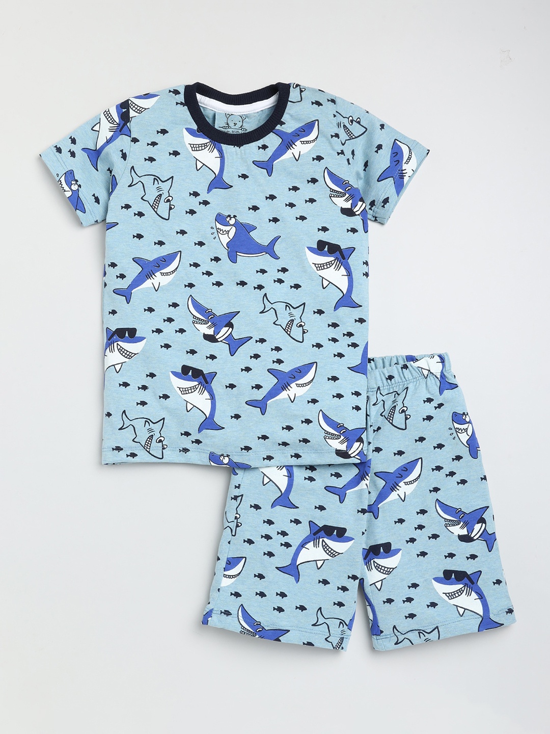 

Lazy Shark Boys Blue Printed T-shirt with Shorts