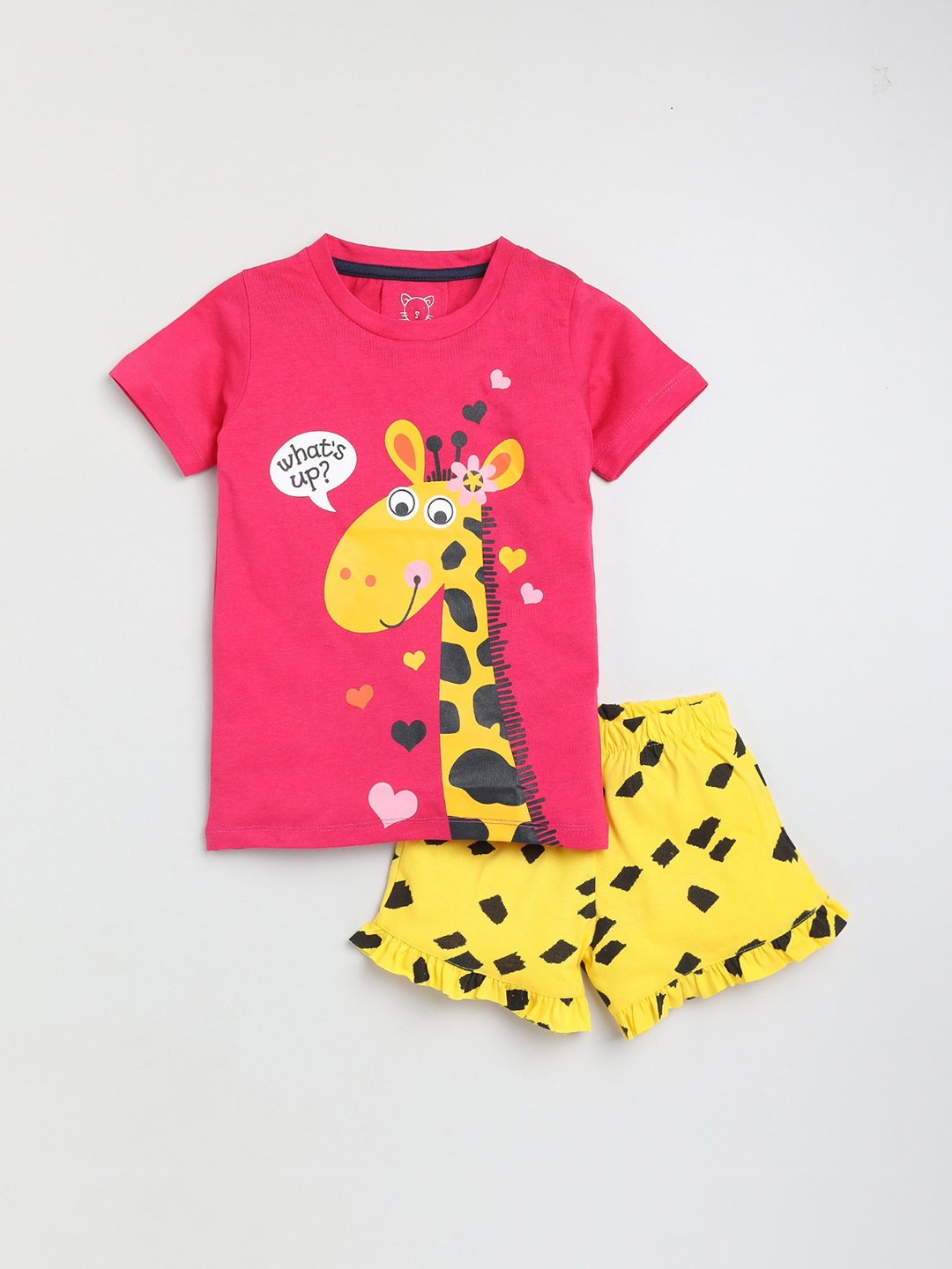 

Lazy Shark Girls Fuchsia & Yellow Printed T-shirt with Shorts