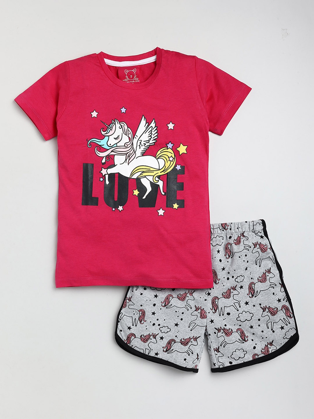 

Lazy Shark Girls Pink & Grey Printed T-shirt with Shorts