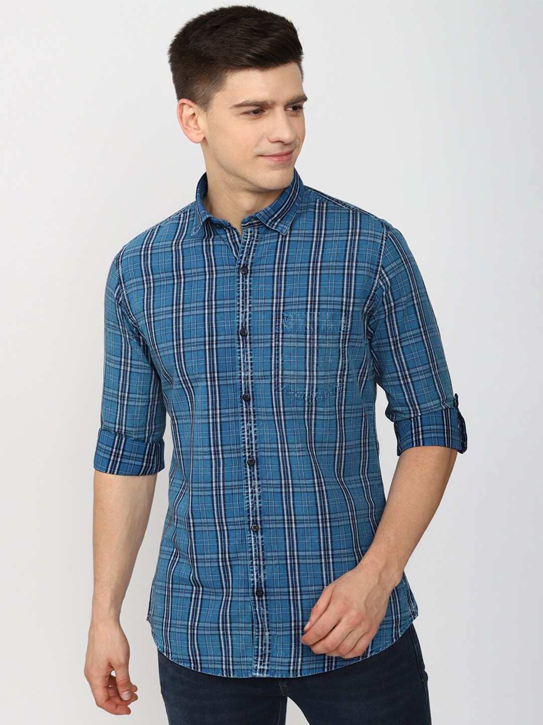 

VAN HEUSEN DENIM LABS Men Blue Slim Fit Tartan Checks Checked Casual Shirt
