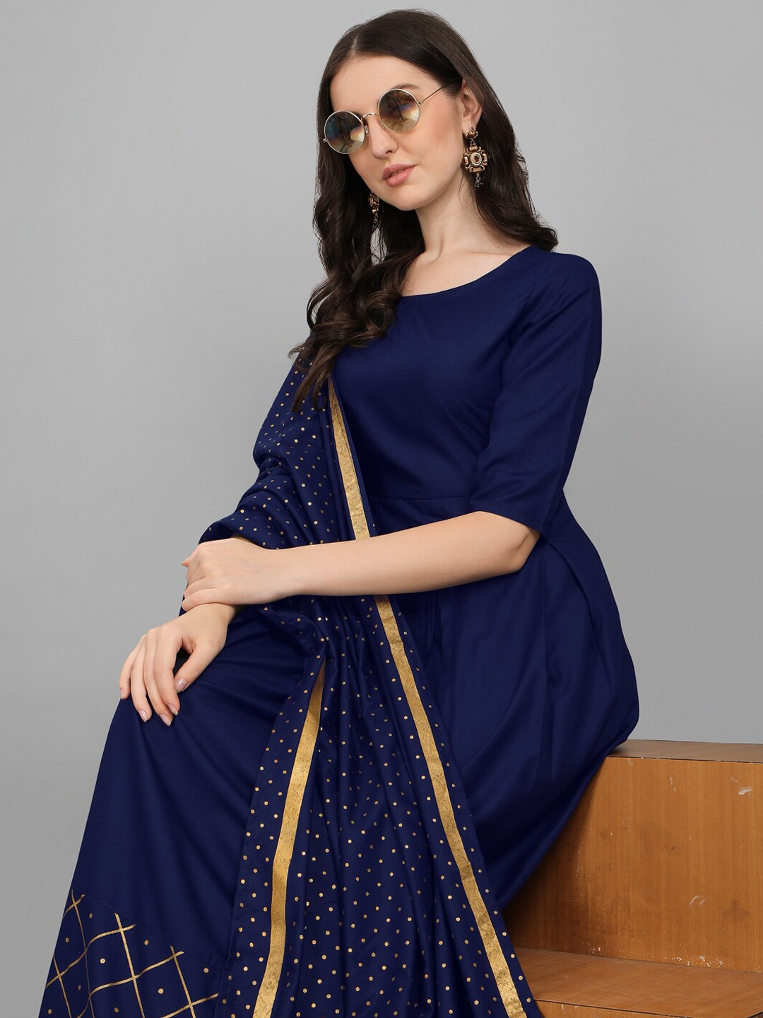 

KALINI Women Navy Blue Geometric Flared Sleeves Anarkali Kurta