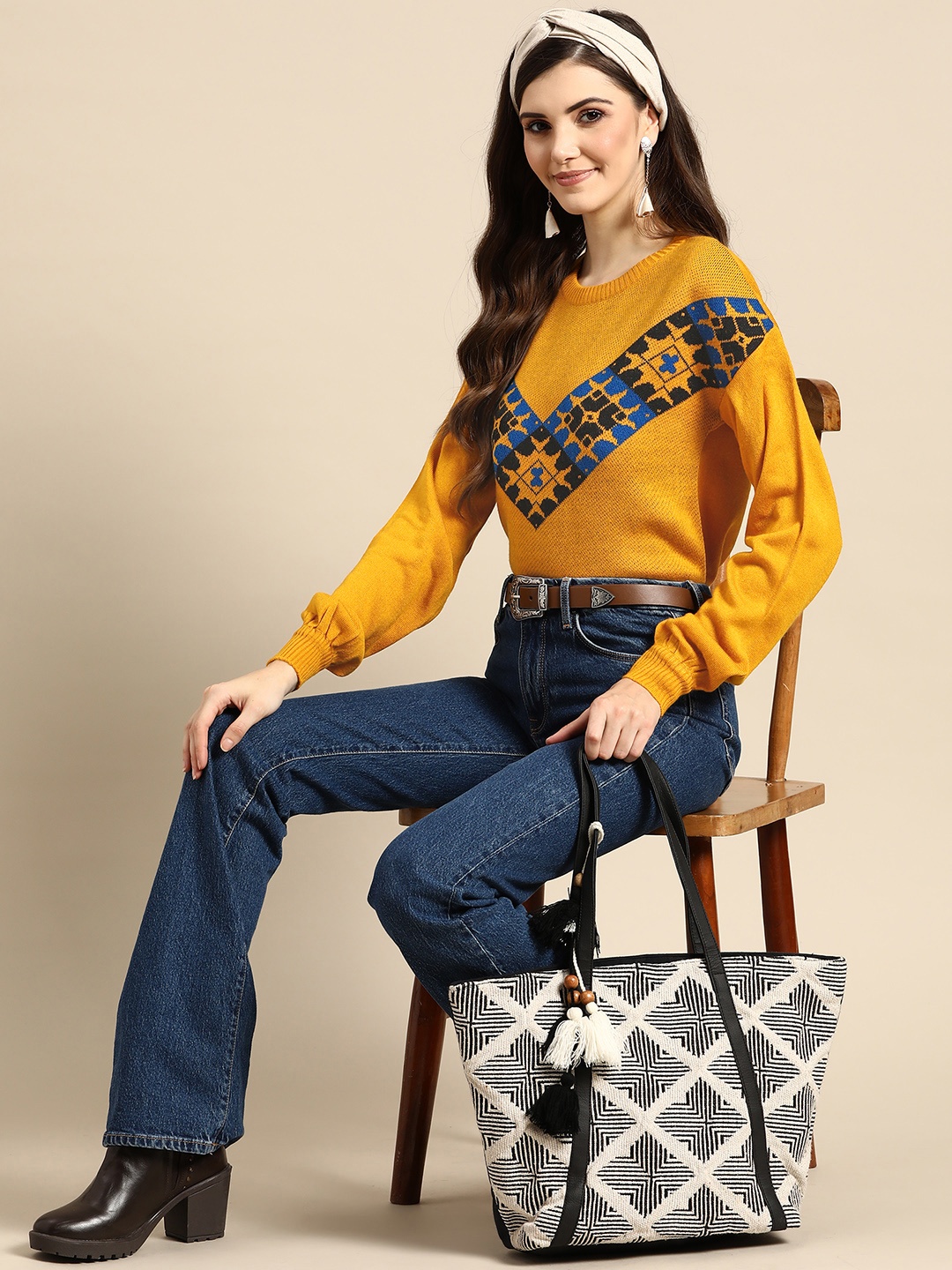 

Sangria Women Mustard Yellow & Blue Printed Pullover