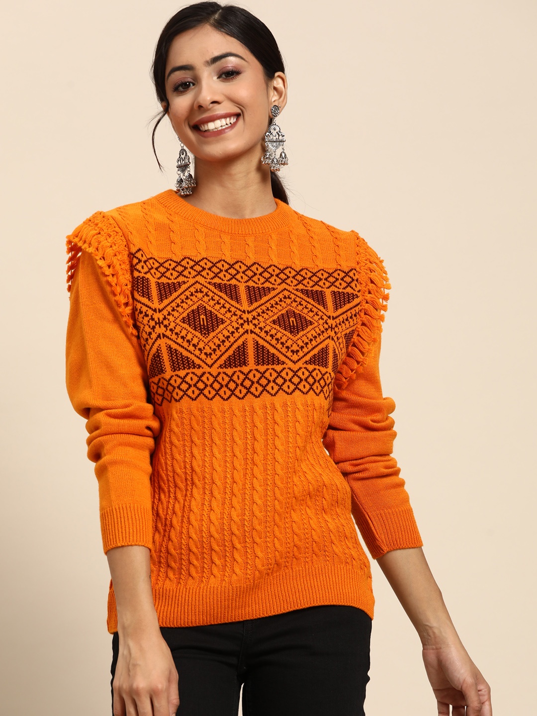 

Sangria Women Orange & Brown Printed Cable Knit Pullover