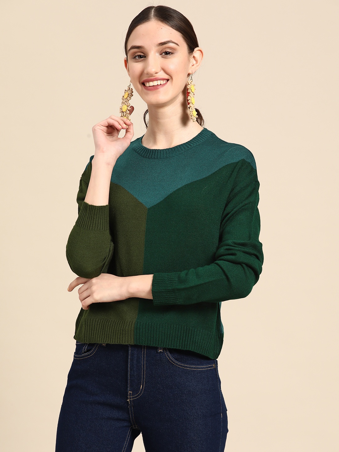 

Sangria Women Olive Green Colourblocked Pullover