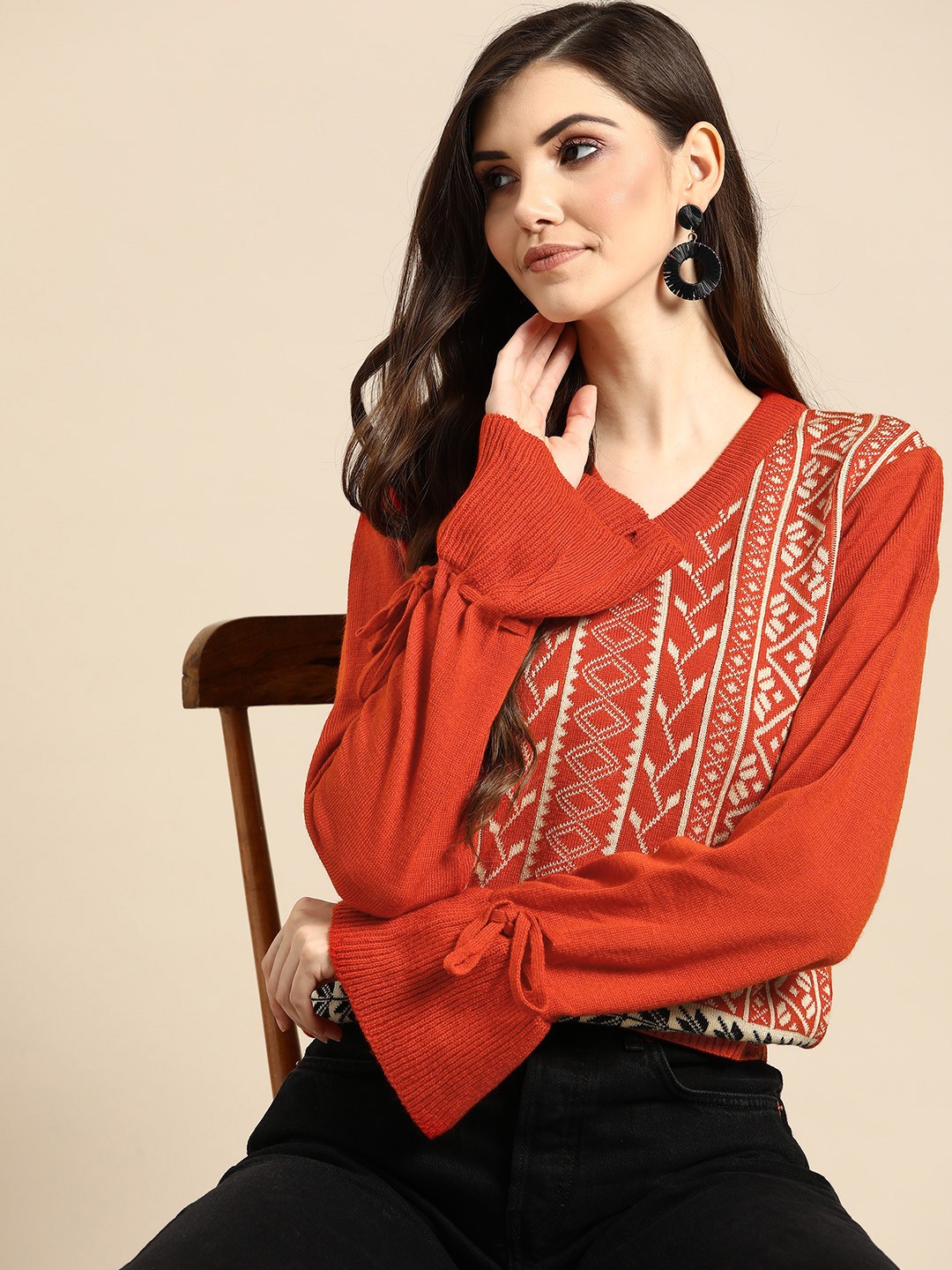 

Sangria Women Rust Orange & Cream-Coloured Printed Pullover