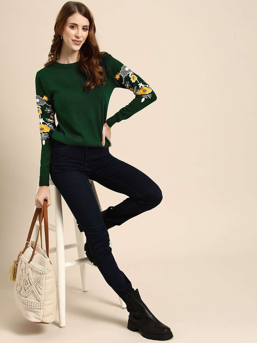 

Sangria Women Green Pullover with Embroidered Detail
