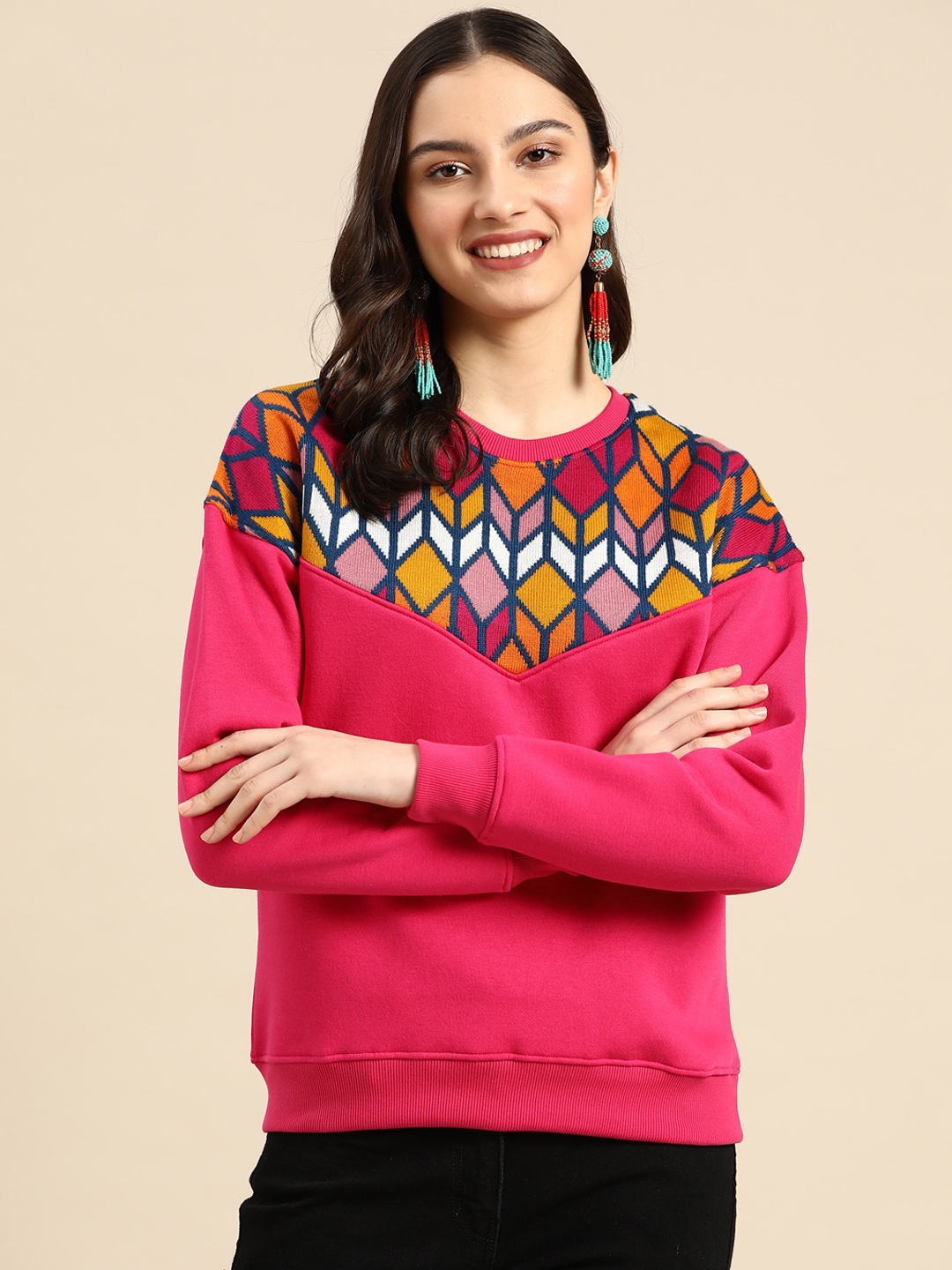 

Sangria Women Pink & White Geometric Sweatshirt