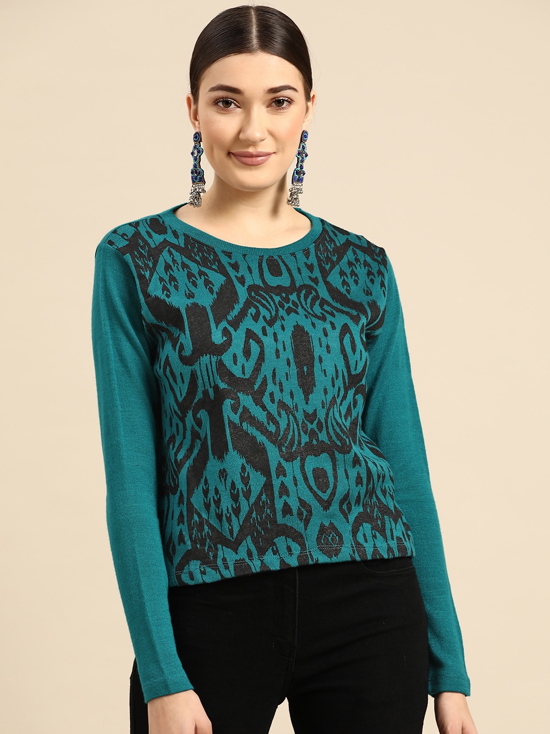 

Sangria Women Teal Green & Black Printed Acrylic Sweater