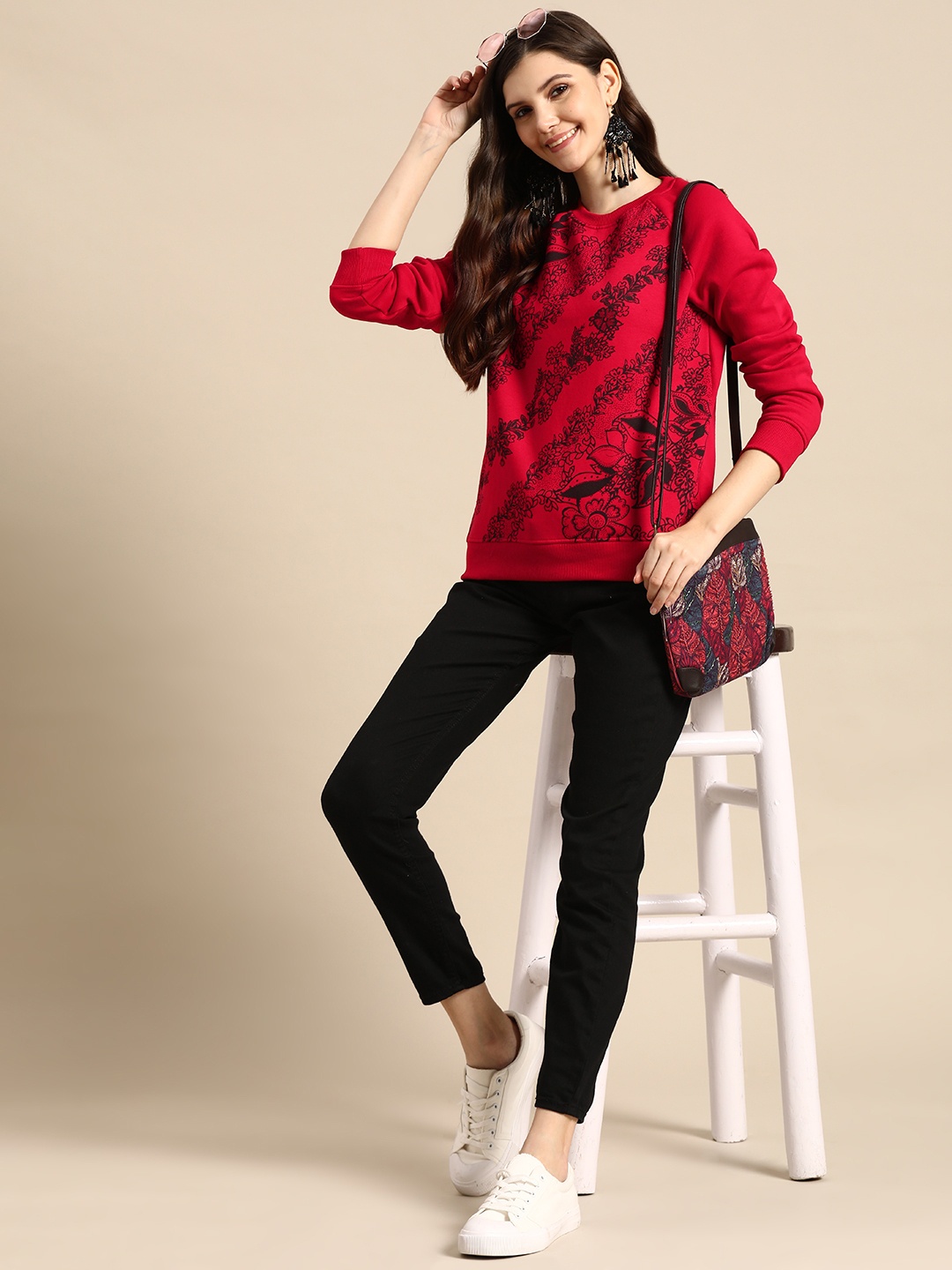 

Sangria Women Round Neck Knitted Printed Sweatshirt, Red