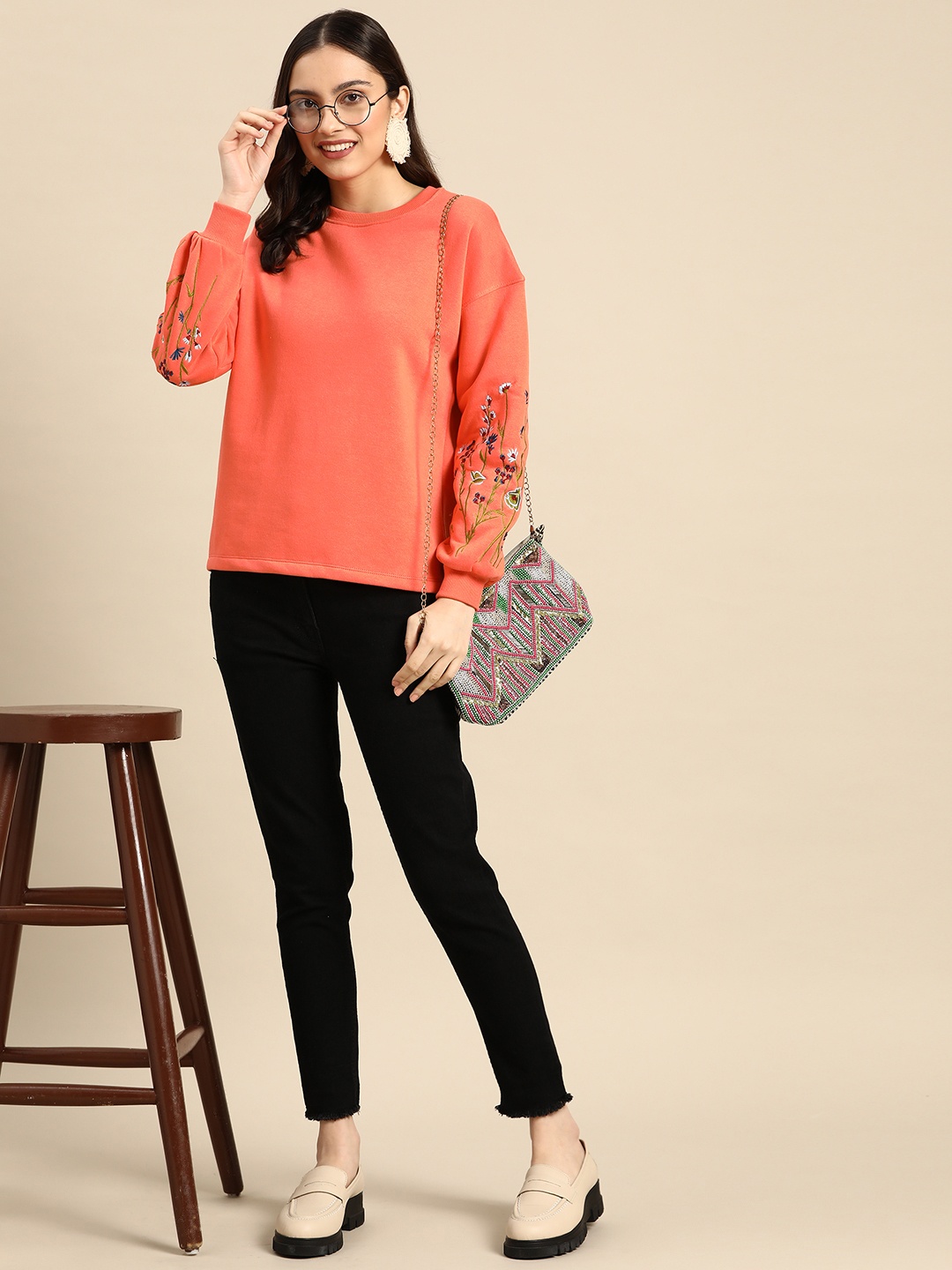 

Sangria Women Coral Orange Drop Shoulder Sleeves Sweatshirt
