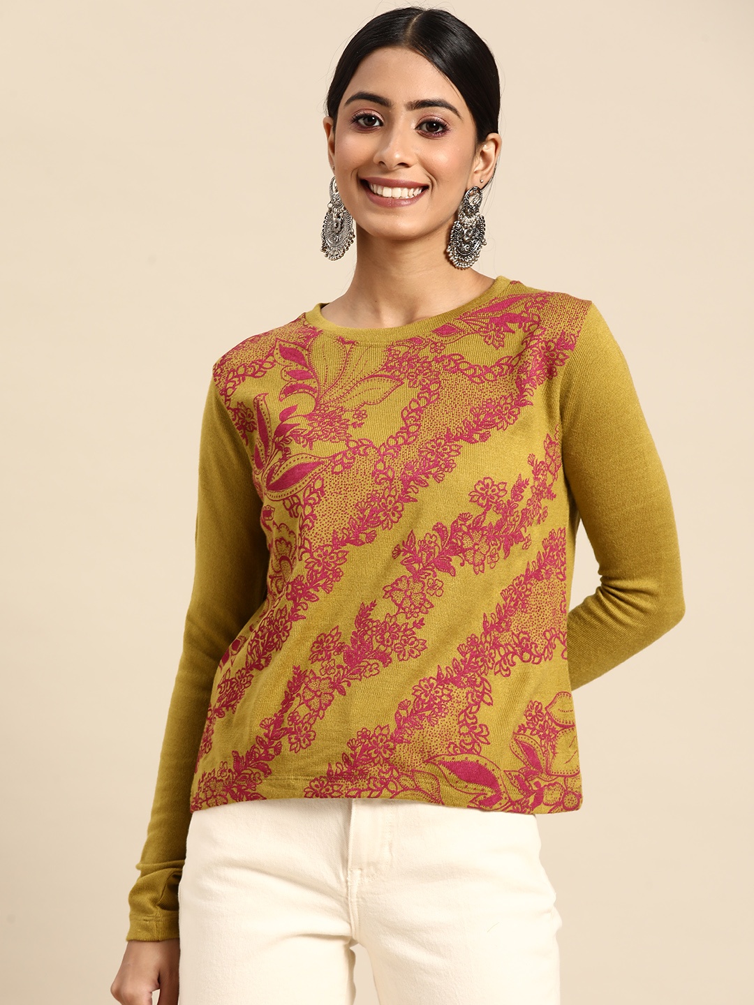 

Sangria Women Mustard Yellow & Pink Acrylic Printed Pullover