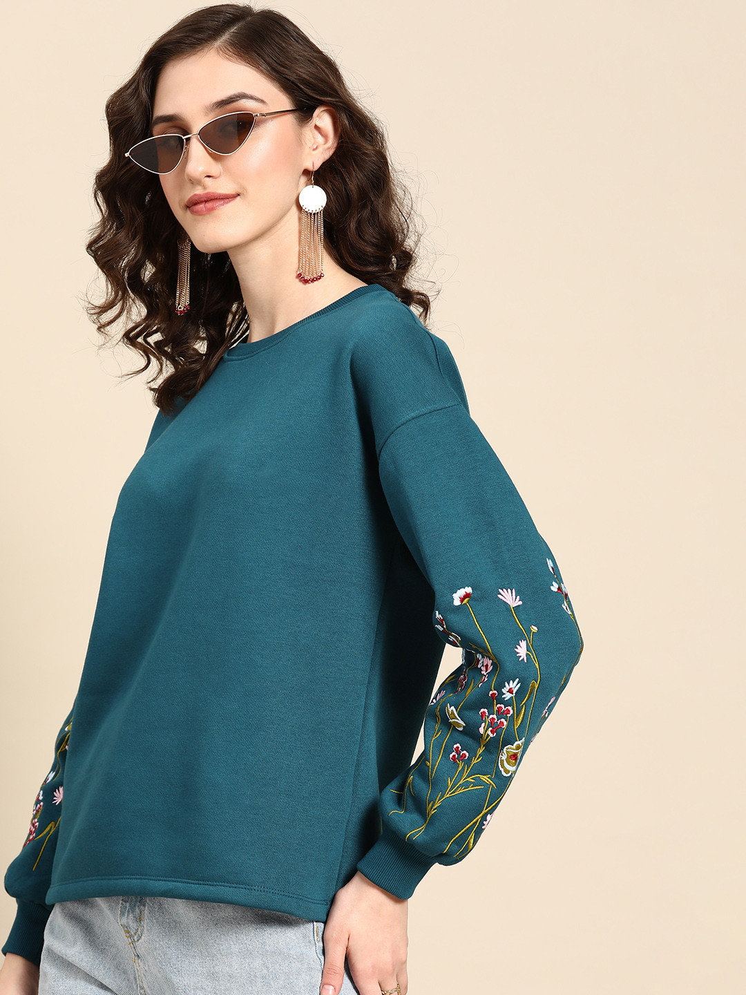 

Sangria Women Teal Blue Embroidered Sweatshirt