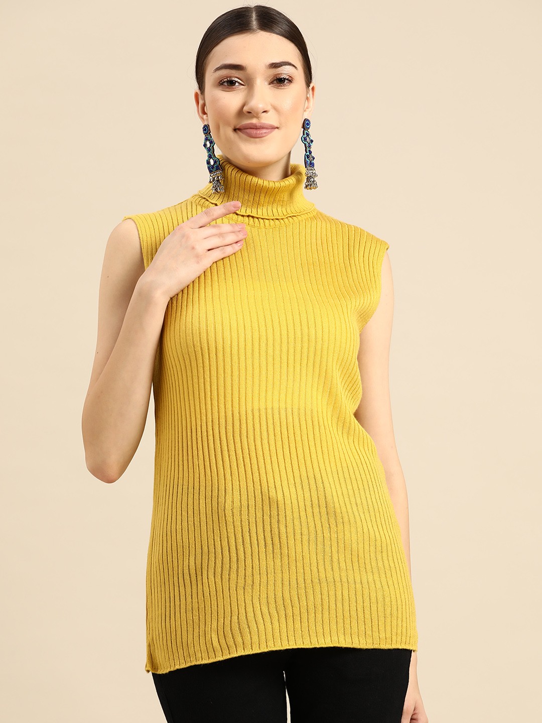 

Sangria Women Yellow Self-Striped Acrylic Longline Sweater