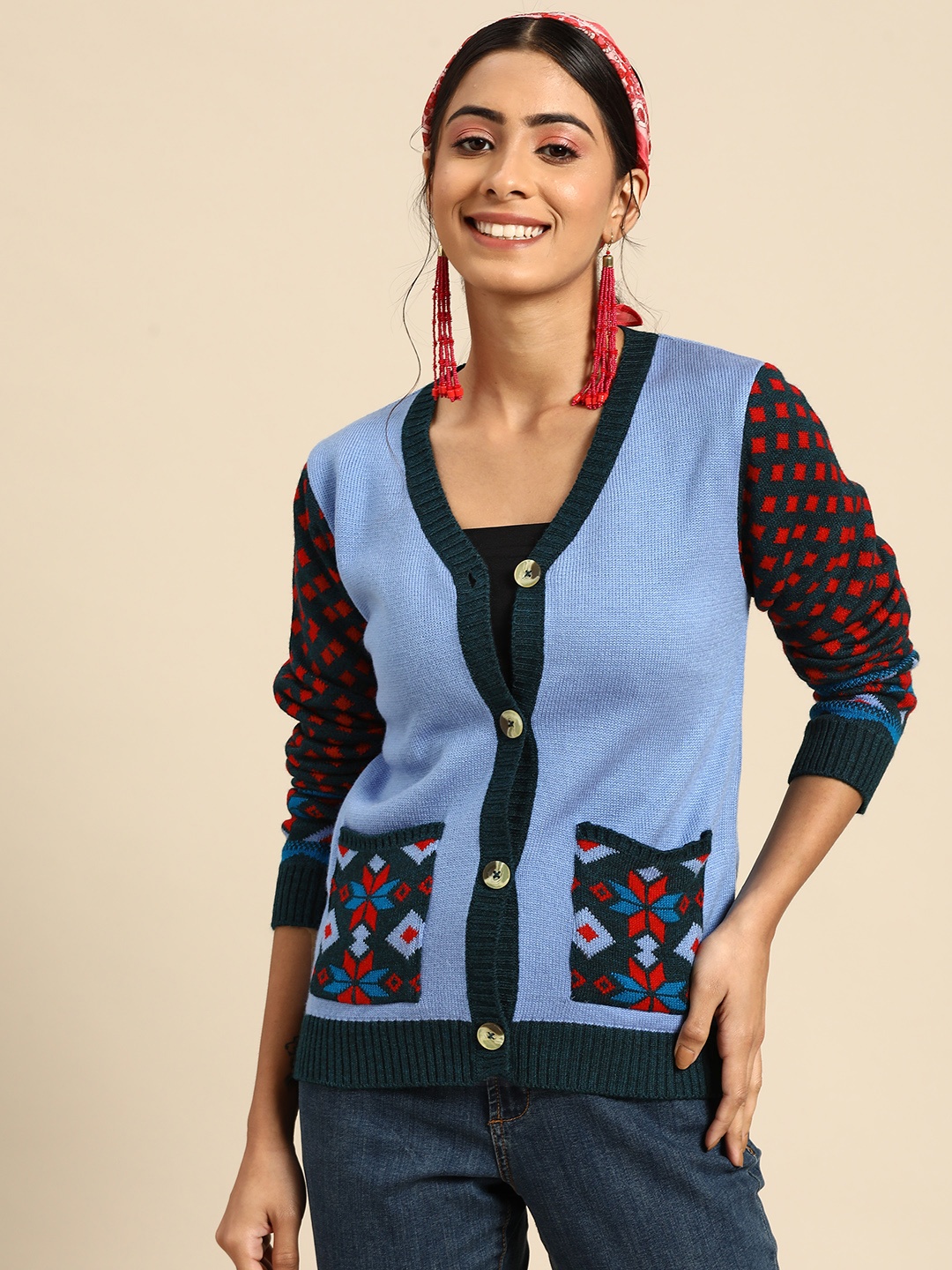 

Sangria Women Blue & Green Fair Isle Knitted Cardigan