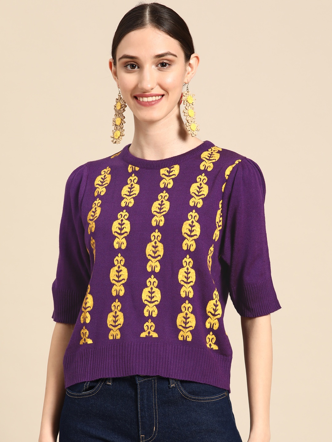 

Sangria Women Purple & Yellow Ethnic Motifs Pullover Sweater